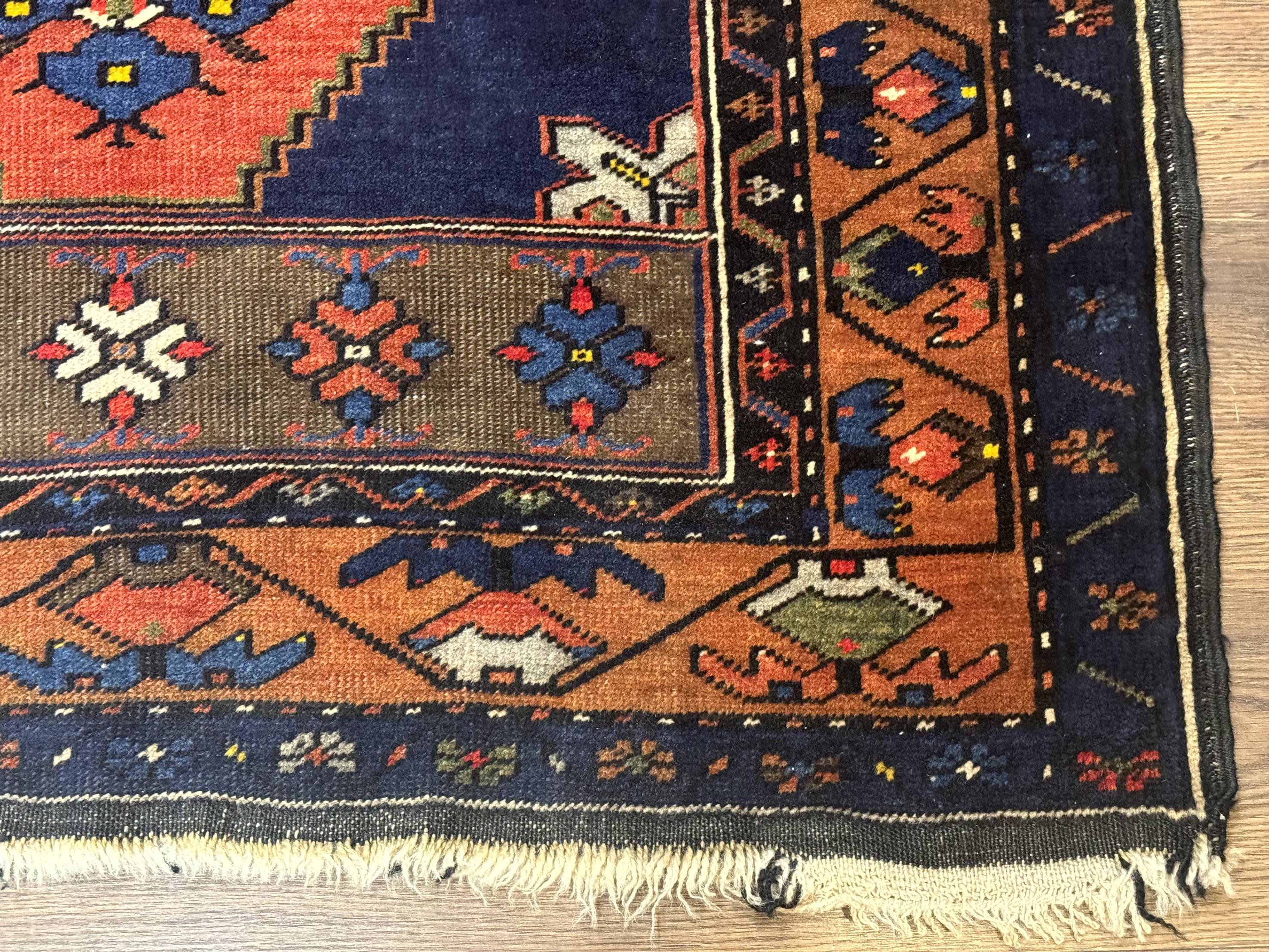 Persian Rug 3x6, Geometric Medallion, Village Tribal Rug, Terracotta and Navy Blue, Antique Nahavand Hamadan Rug - Image 9