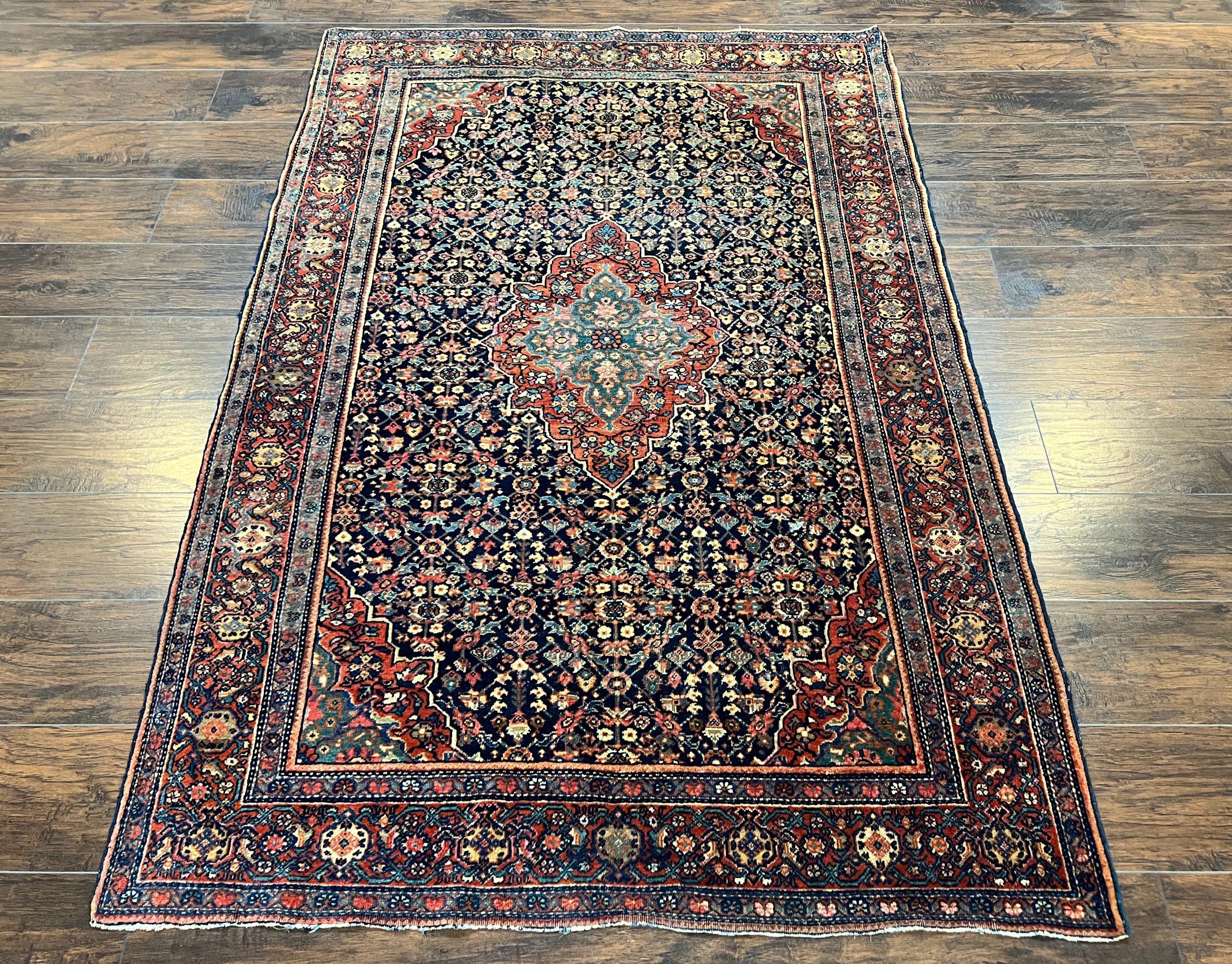 Persian Rug 4x7 Antique Sarouk Farahan Carpet, Navy Blue and Red Wool Rug - Image 12
