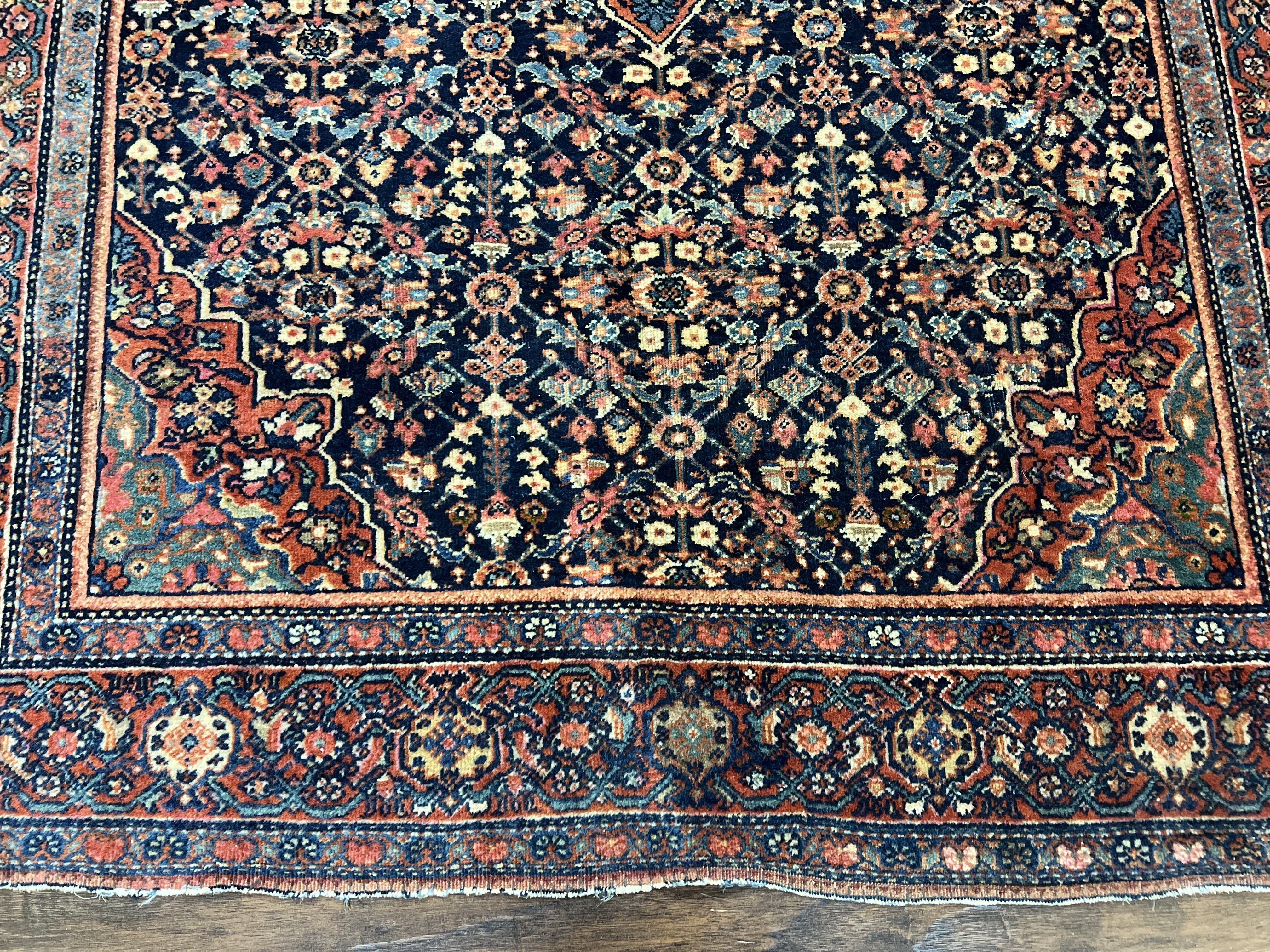 Persian Rug 4x7 Antique Sarouk Farahan Carpet, Navy Blue and Red Wool Rug - Image 6