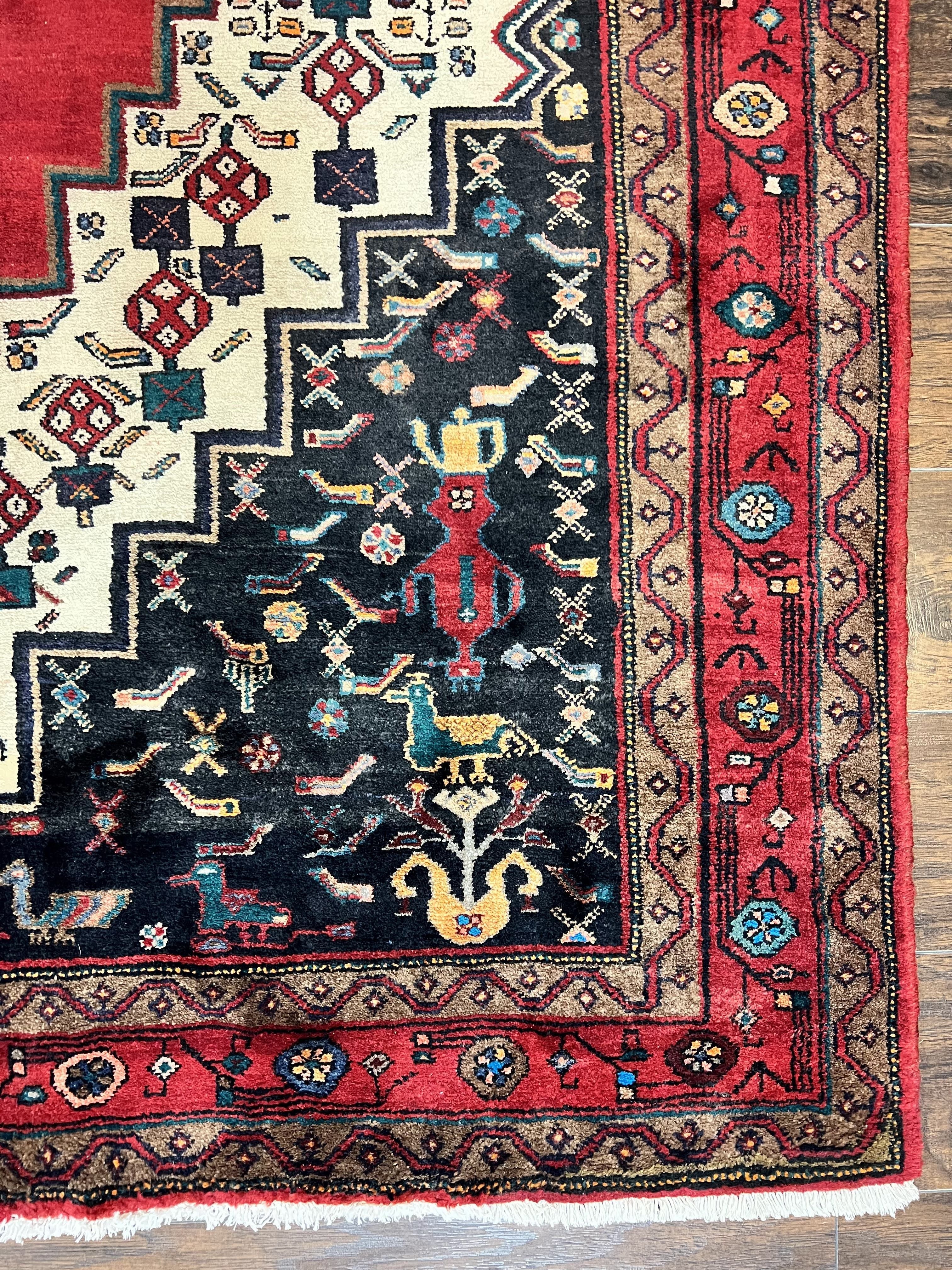Persian Rug 5x12 ft, Red Cream Navy Blue, Pictorials, Hand Knotted Handmade Wide Runner Tribal Bidjar Semi Antique Wool Geometric Oriental Rug - Image 9