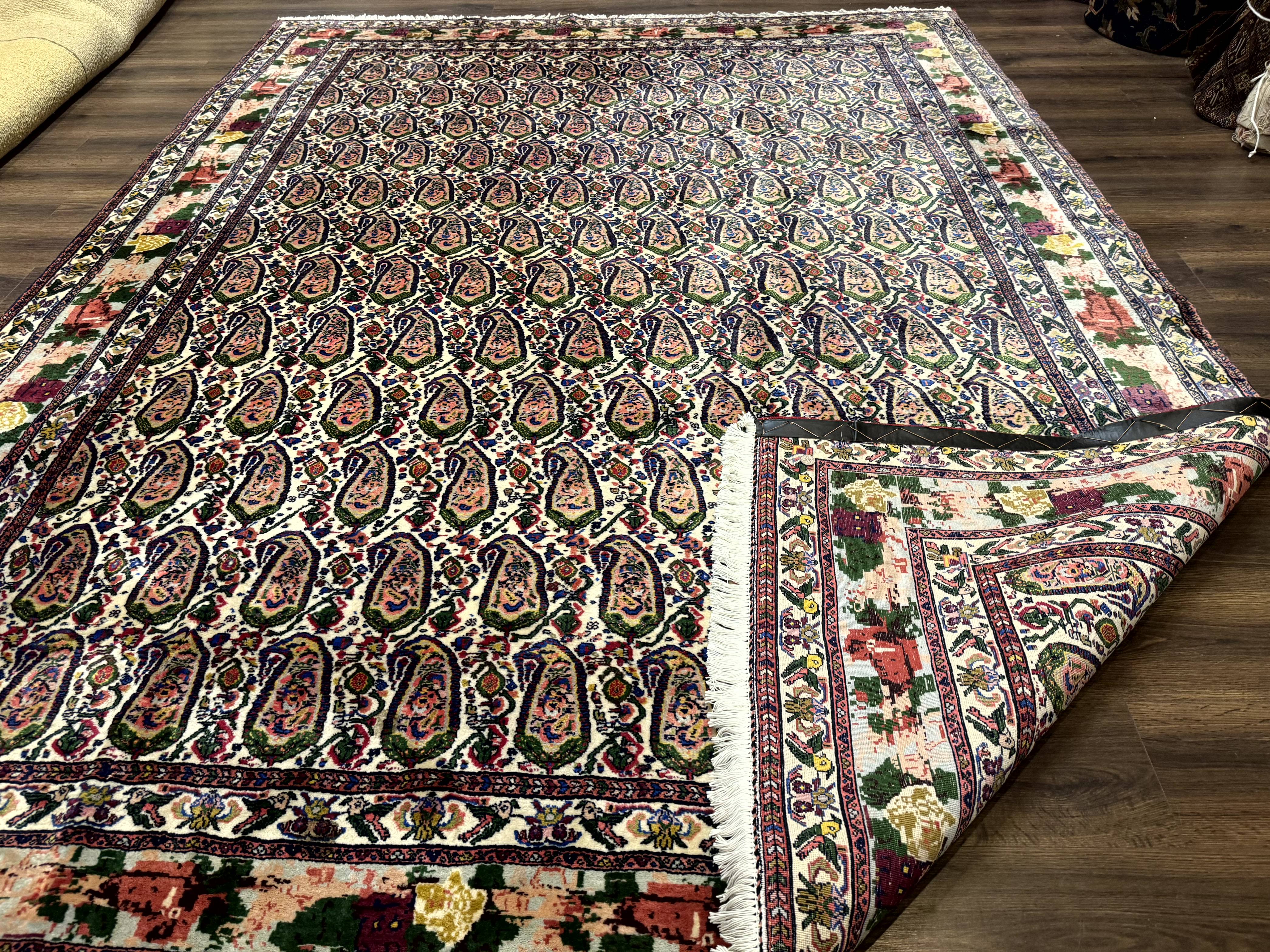 Persian Kurdish Rug 8x11, Repeated Allover Boteh Paisley Design, Bird Pictorials, Rare Antique Sannadaji Carpet - Image 10