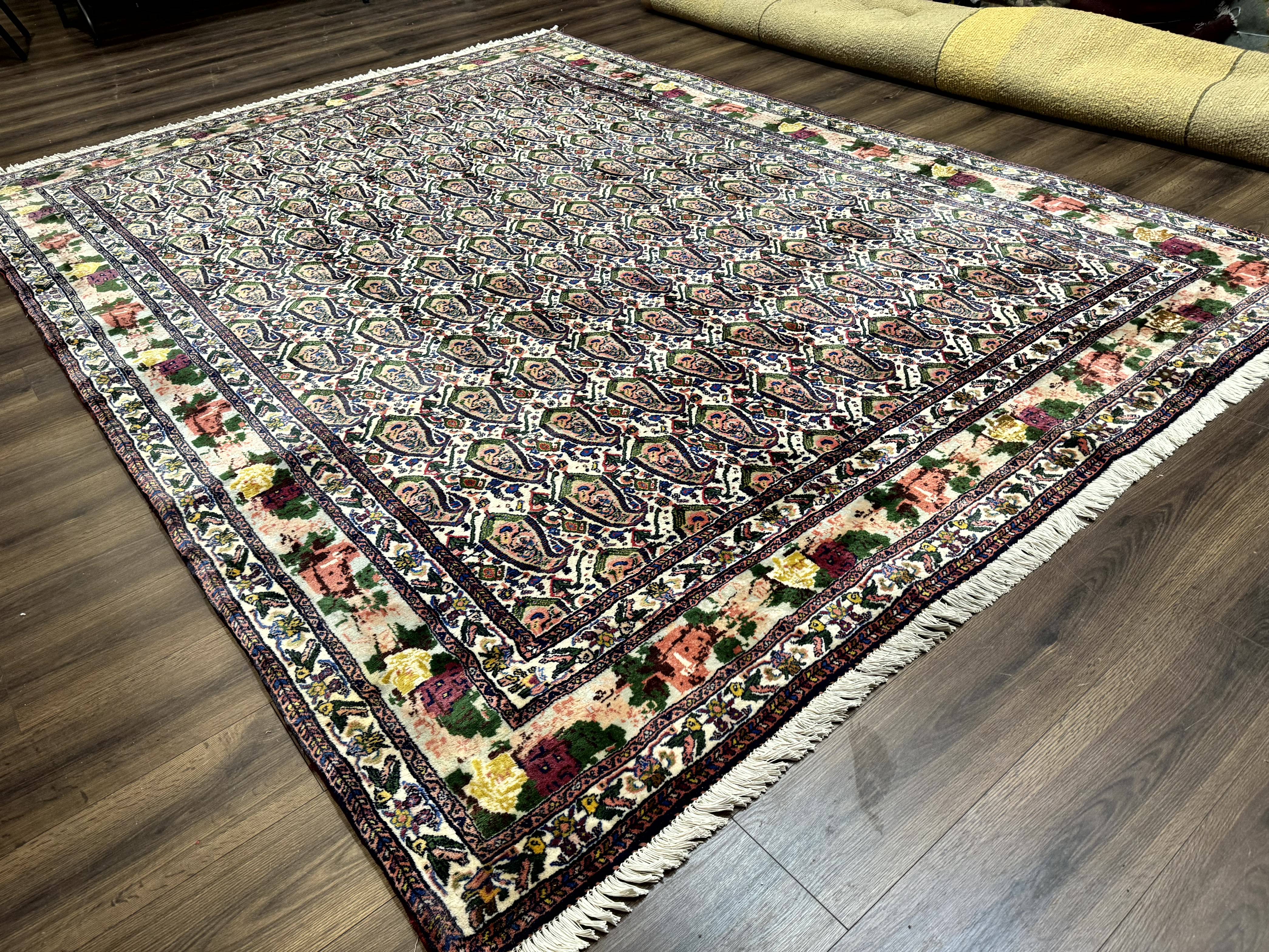 Persian Kurdish Rug 8x11, Repeated Allover Boteh Paisley Design, Bird Pictorials, Rare Antique Sannadaji Carpet - Image 14