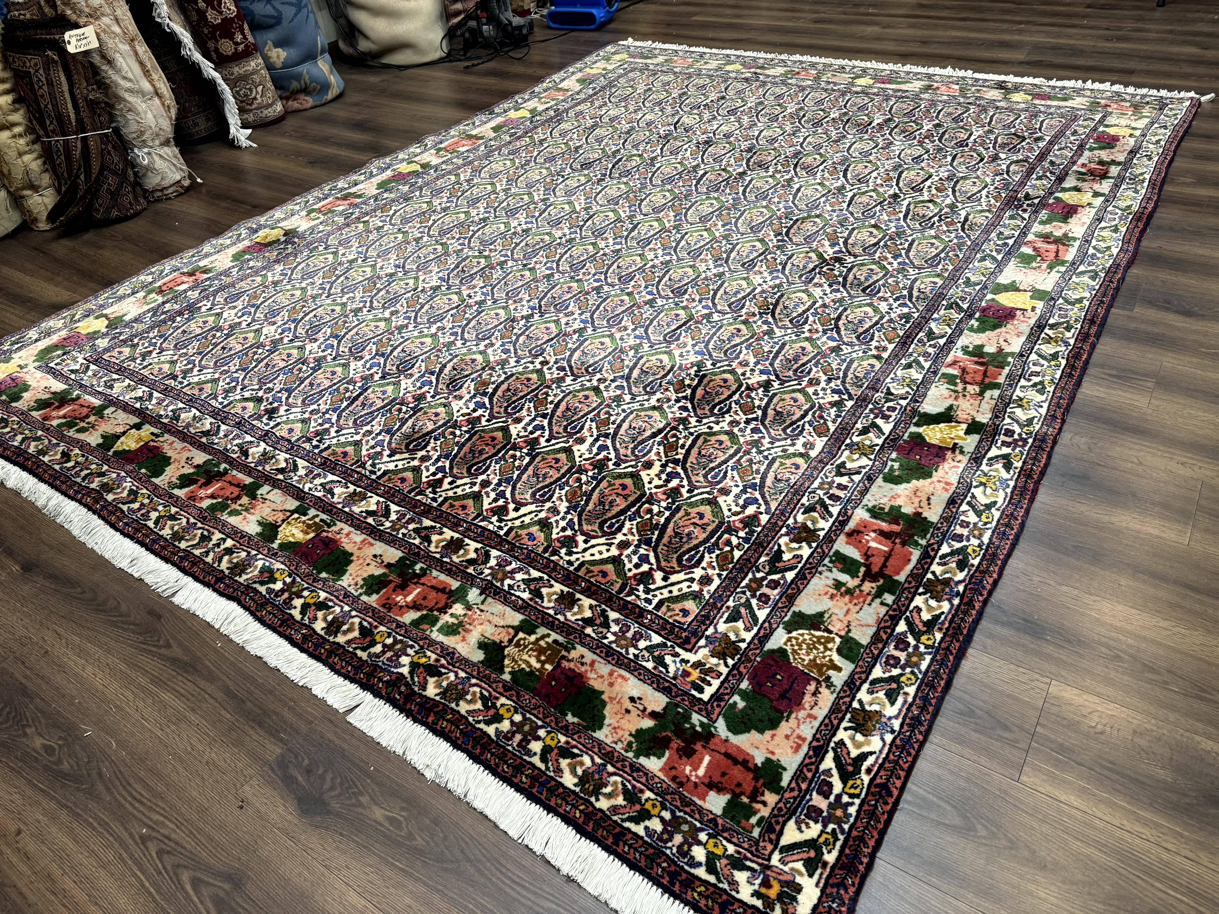 Persian Kurdish Rug 8x11, Repeated Allover Boteh Paisley Design, Bird Pictorials, Rare Antique Sannadaji Carpet - Image 2