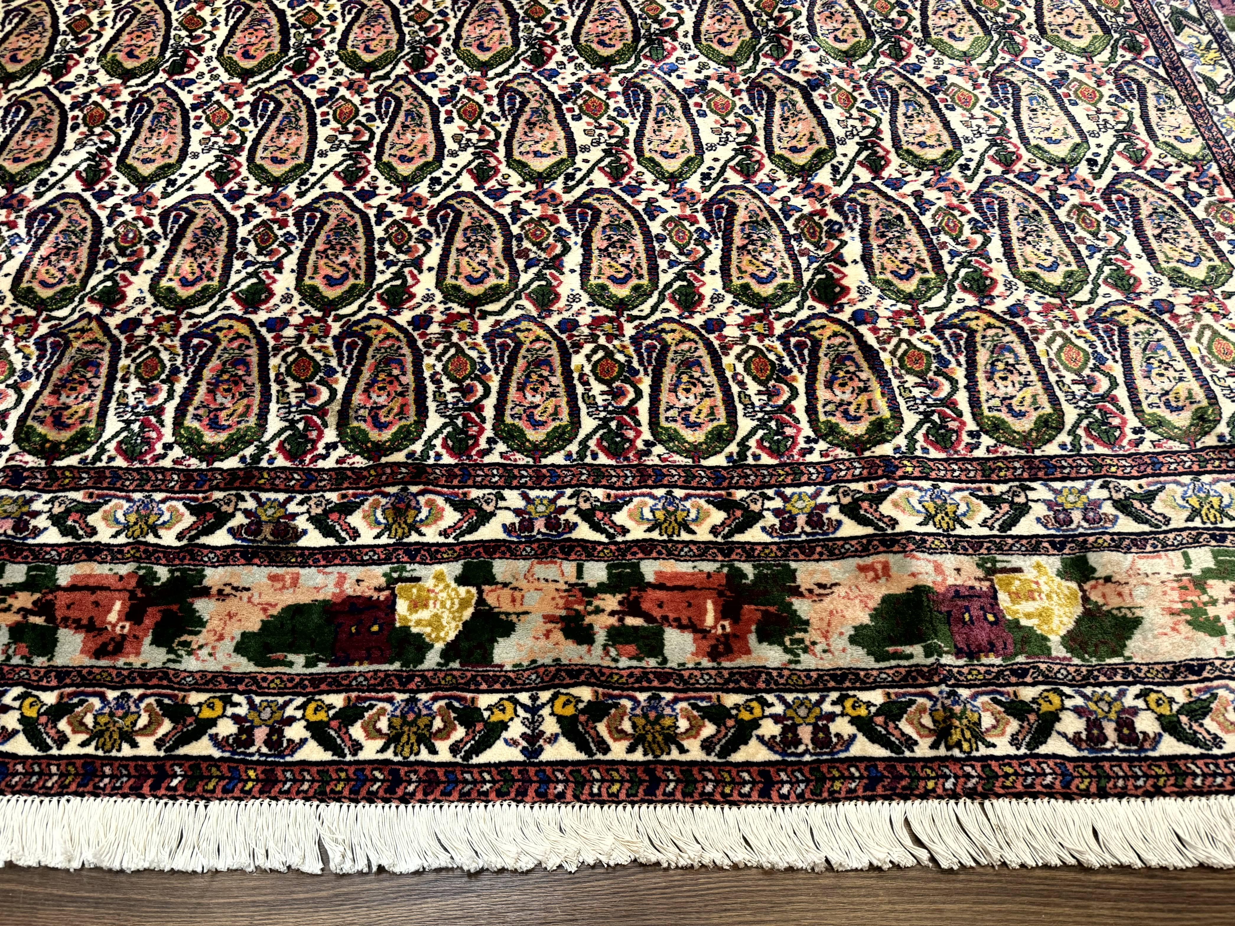 Persian Kurdish Rug 8x11, Repeated Allover Boteh Paisley Design, Bird Pictorials, Rare Antique Sannadaji Carpet - Image 5