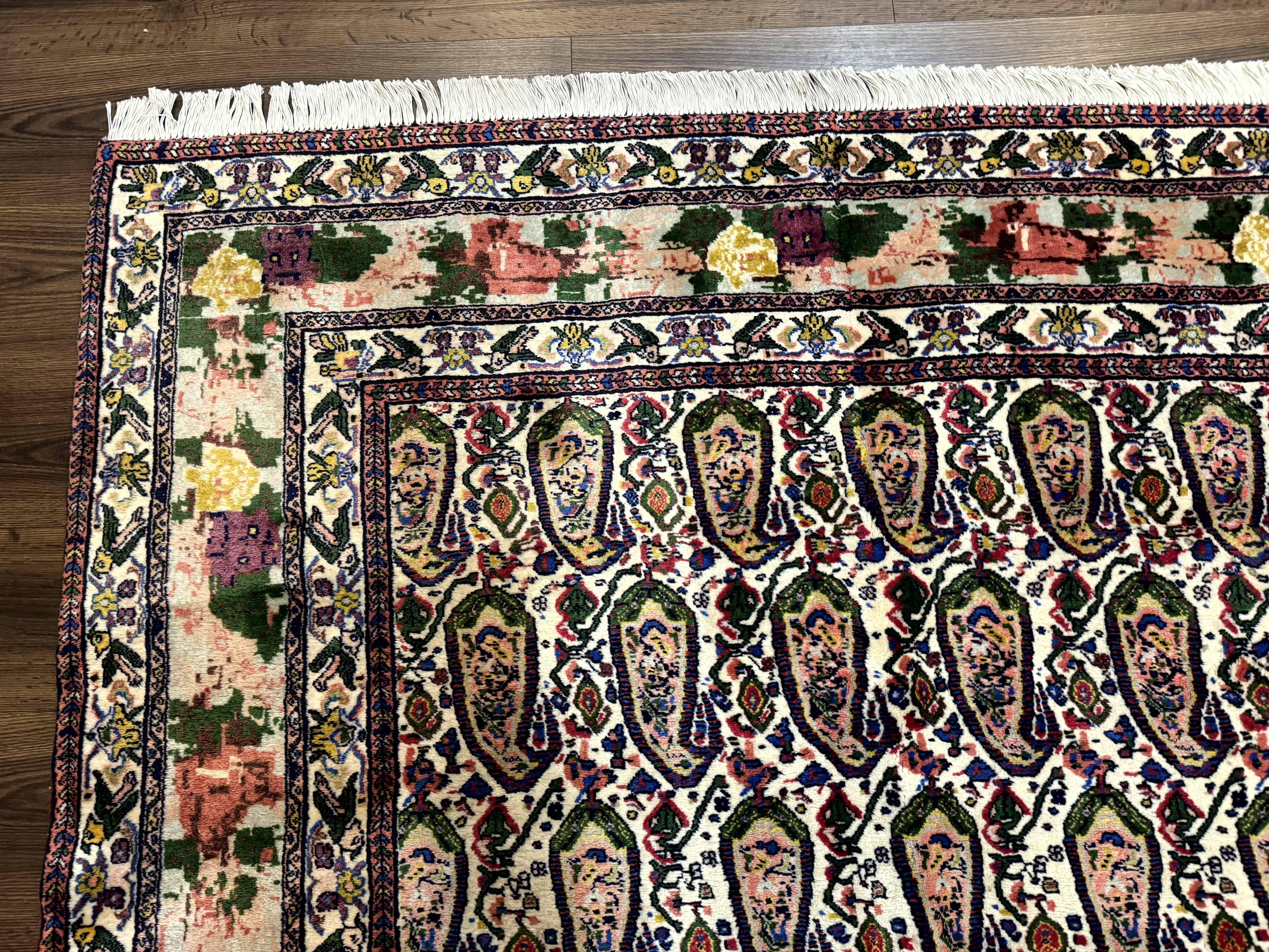 Persian Kurdish Rug 8x11, Repeated Allover Boteh Paisley Design, Bird Pictorials, Rare Antique Sannadaji Carpet - Image 6