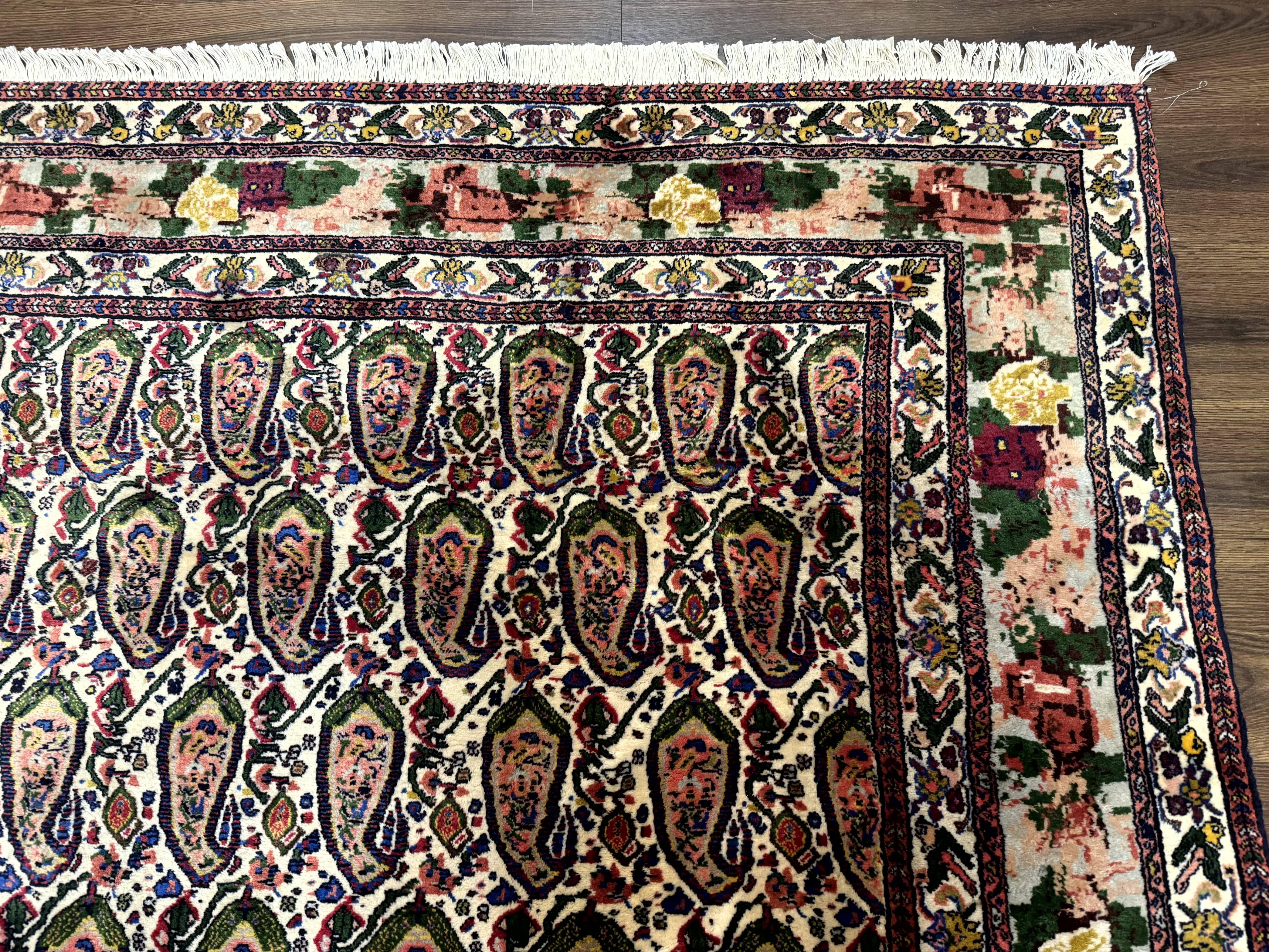 Persian Kurdish Rug 8x11, Repeated Allover Boteh Paisley Design, Bird Pictorials, Rare Antique Sannadaji Carpet - Image 7
