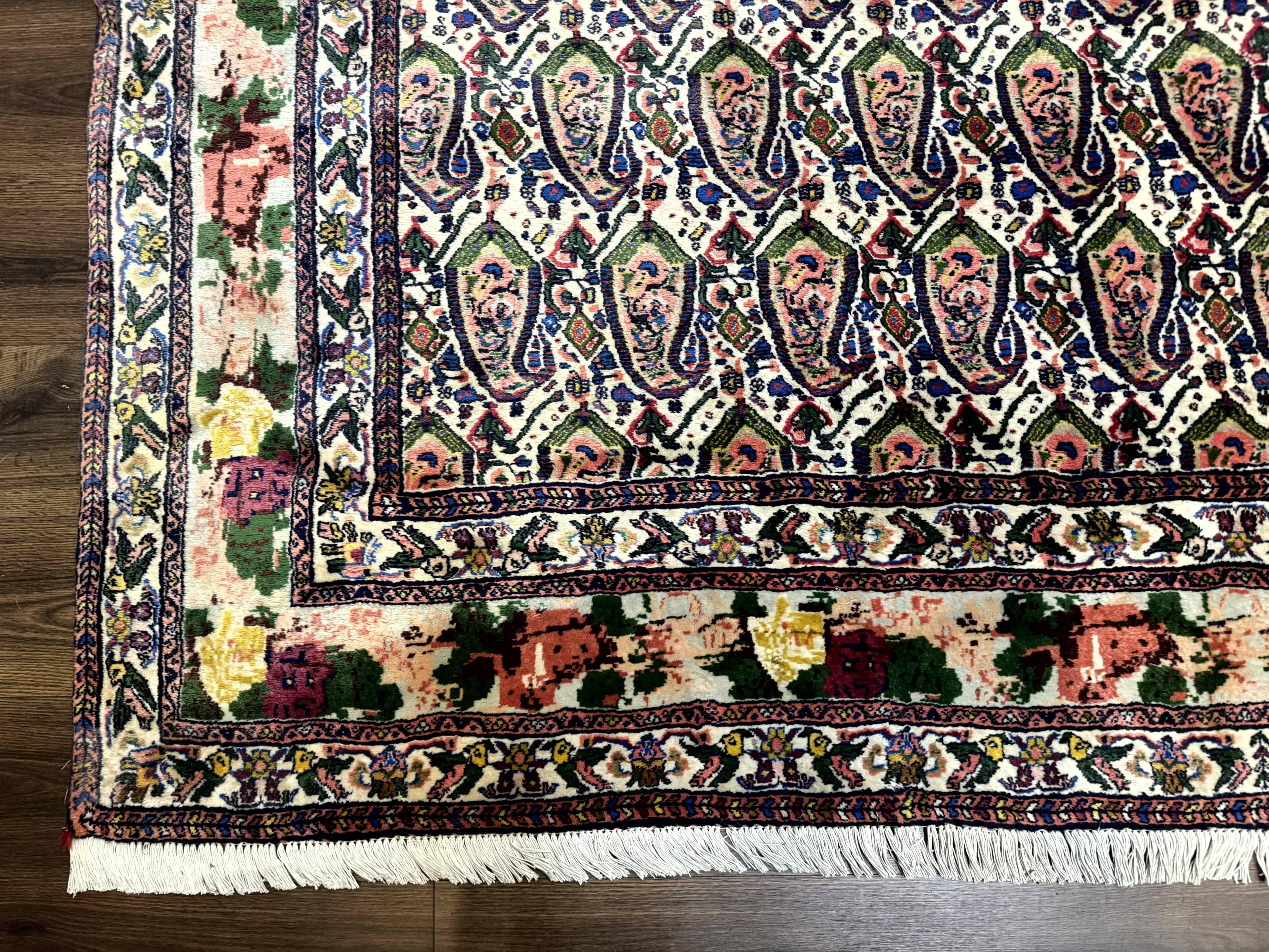Persian Kurdish Rug 8x11, Repeated Allover Boteh Paisley Design, Bird Pictorials, Rare Antique Sannadaji Carpet - Image 8