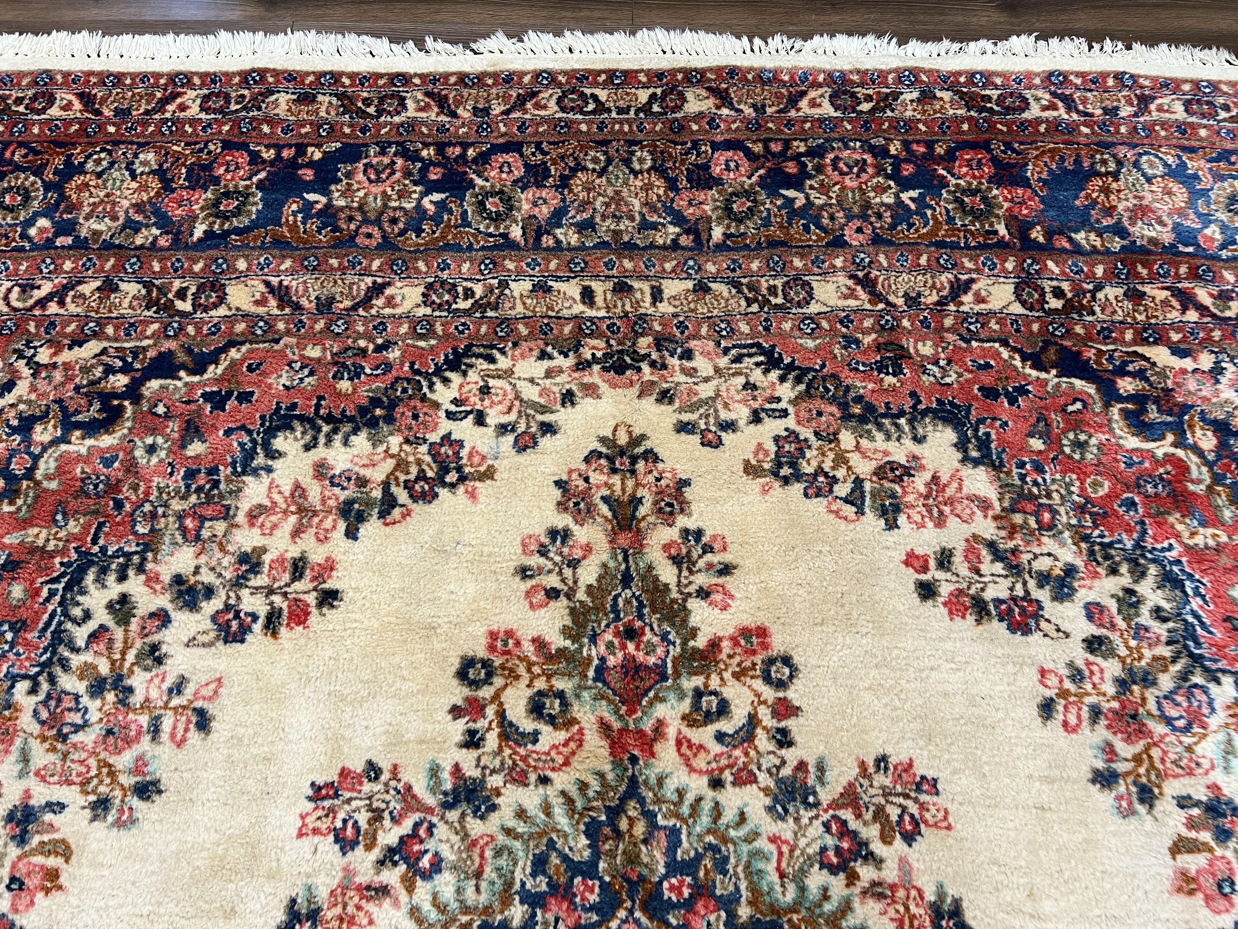 Persian Rug 9x10, Hamadan Rug, Antique Oriental Carpet, Wool Rug, Semi Open Field, Cream and Navy Blue, Kirman Design Hand Knotted Almost Square Rug - Image 3