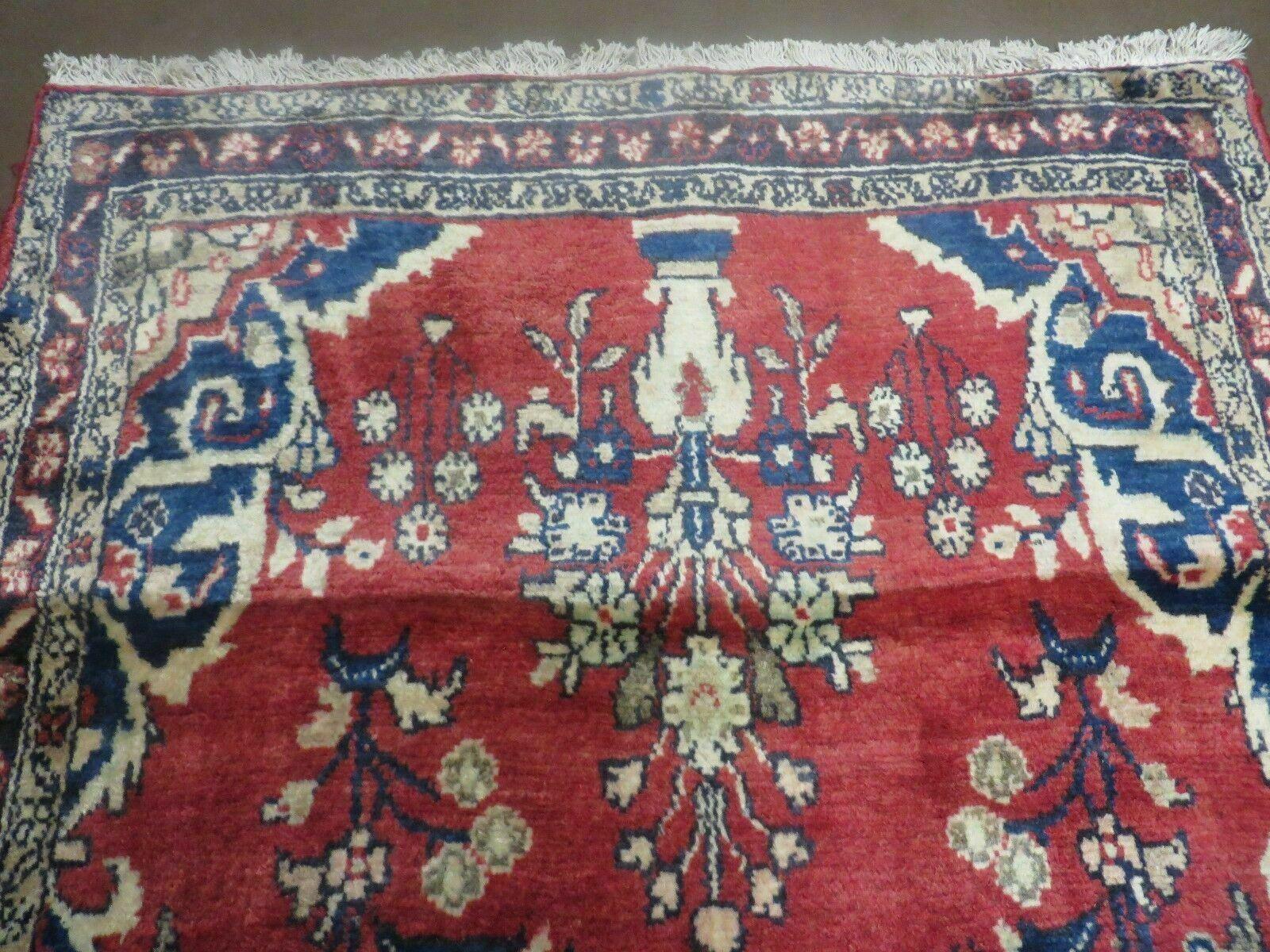 Persian Runner Rug 3 x 12, Antique Wool Oriental Runner, Floral Vases, Red & Navy Blue - Image 2