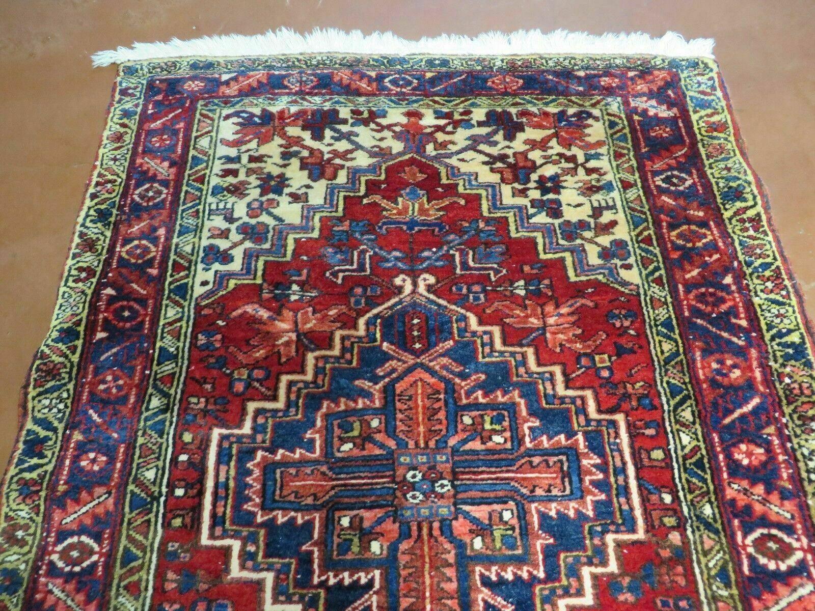 Persian Runner Rug, Heriz Runner Rug, Geometric Medallions, Red Cream Navy Blue Wool Hallway Rug 3.9 x 10.8 Antique Oriental Runner Handmade - Image 3