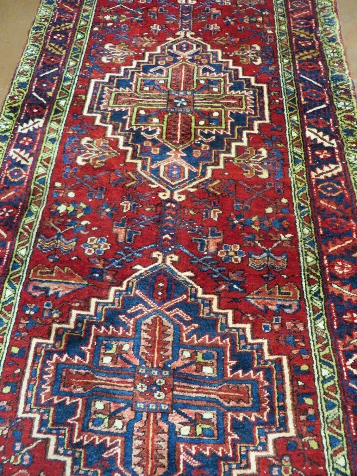 Persian Runner Rug, Heriz Runner Rug, Geometric Medallions, Red Cream Navy Blue Wool Hallway Rug 3.9 x 10.8 Antique Oriental Runner Handmade - Image 4