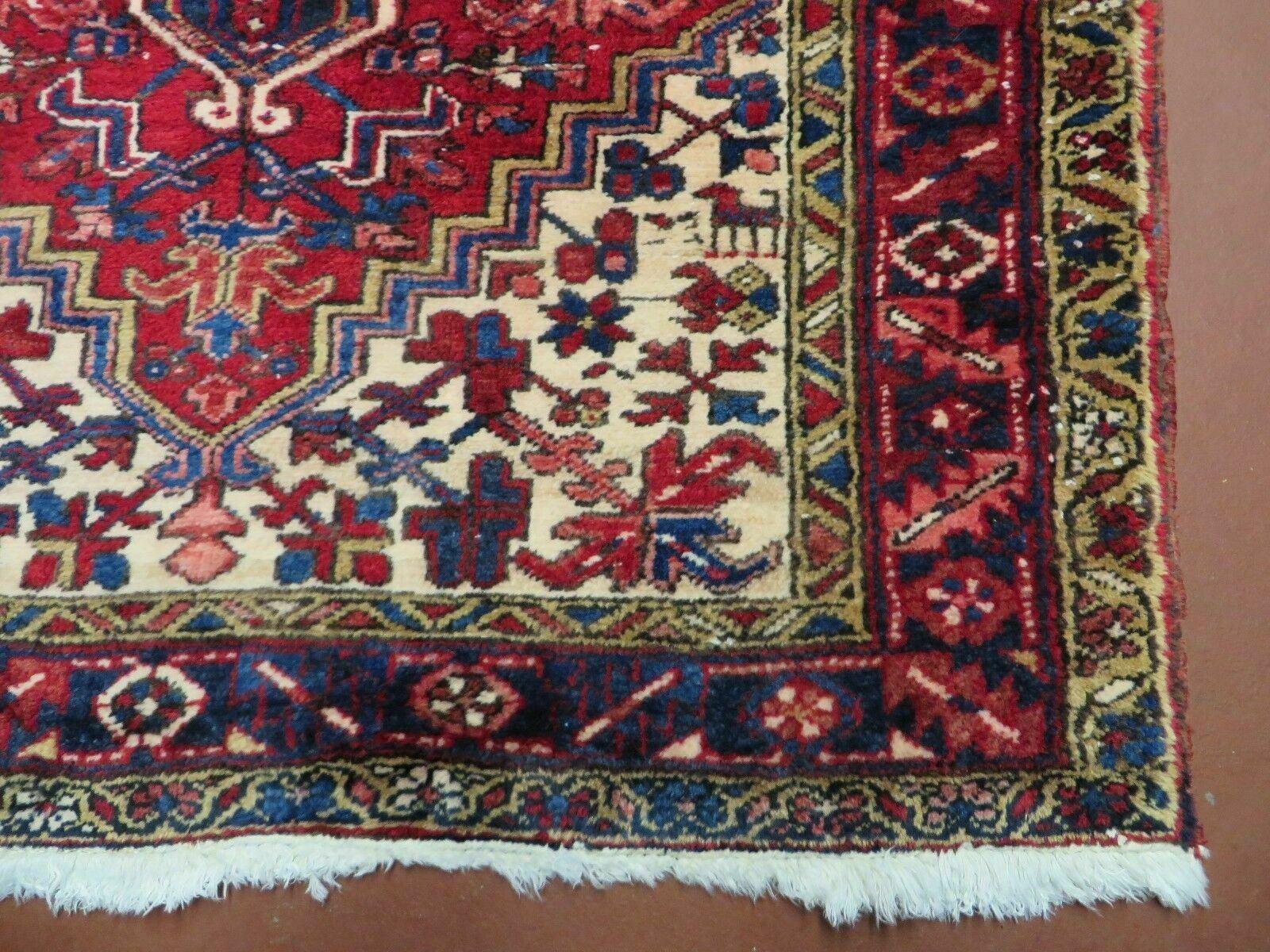 Persian Runner Rug, Heriz Runner Rug, Geometric Medallions, Red Cream Navy Blue Wool Hallway Rug 3.9 x 10.8 Antique Oriental Runner Handmade - Image 9