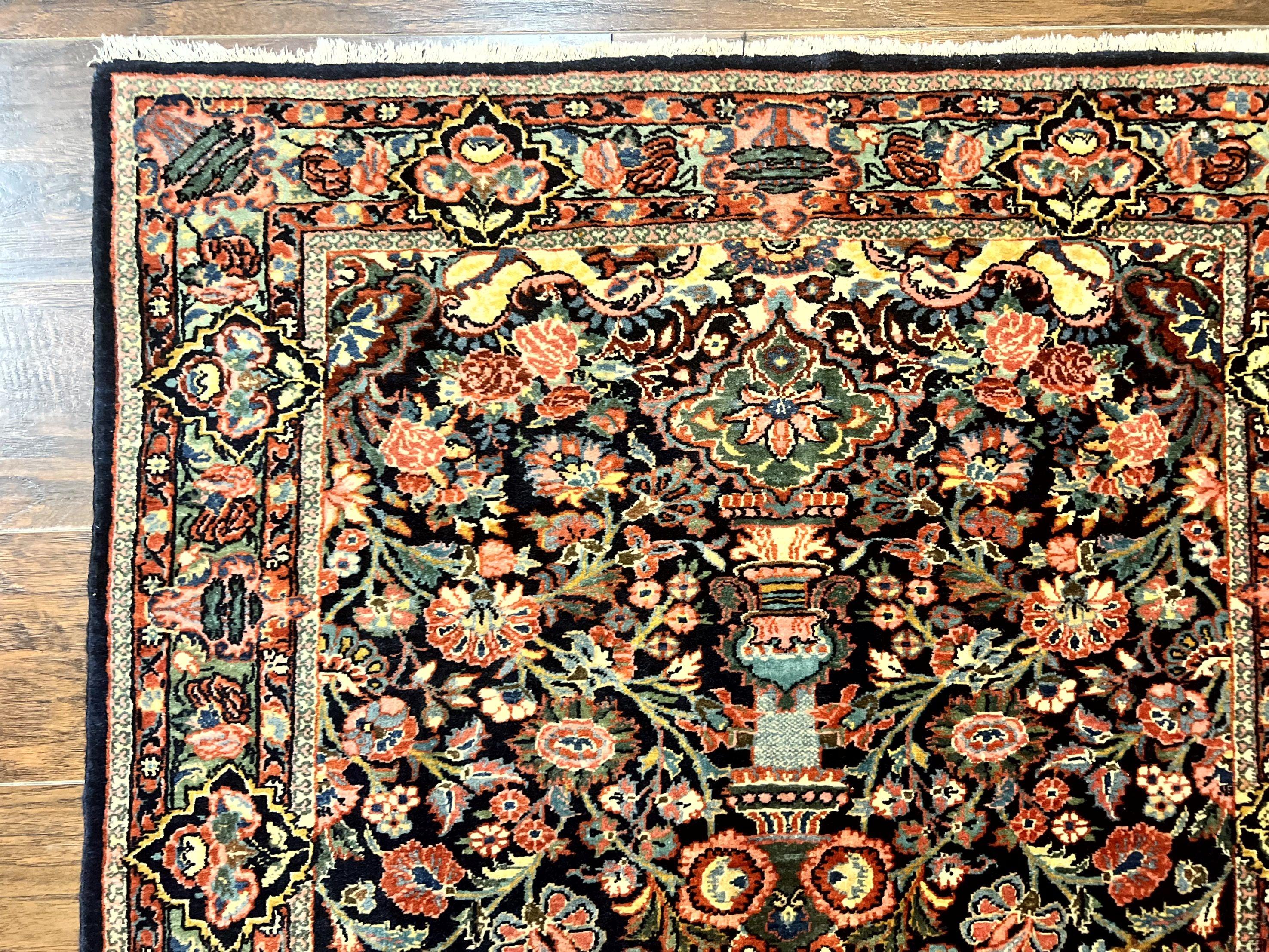 Persian Saoruk Rug 4x5, Navy Blue and Red, Floral, Antique Persian Wool Carpet, Handmade - Image 6