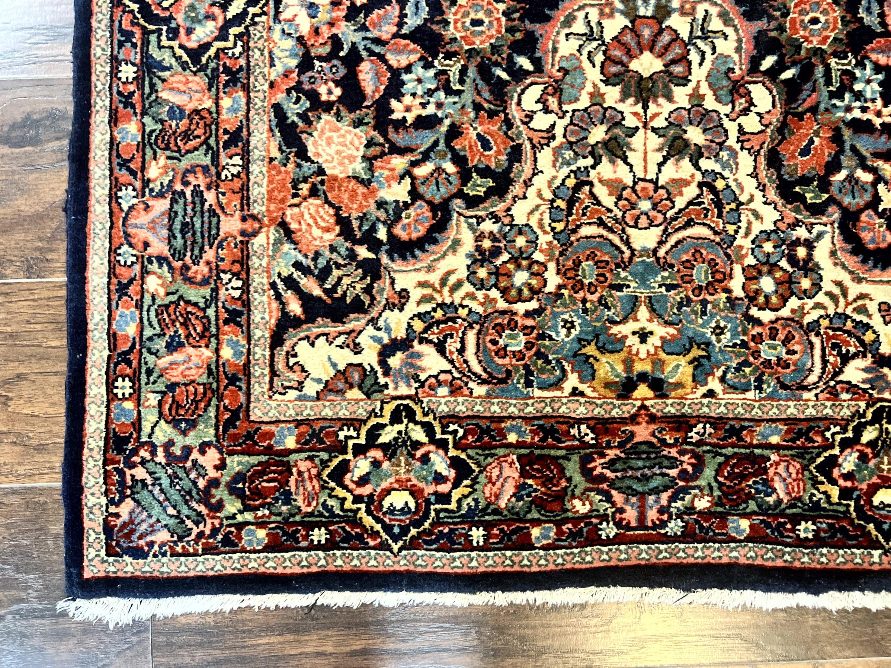 Persian Saoruk Rug 4x5, Navy Blue and Red, Floral, Antique Persian Wool Carpet, Handmade - Image 8