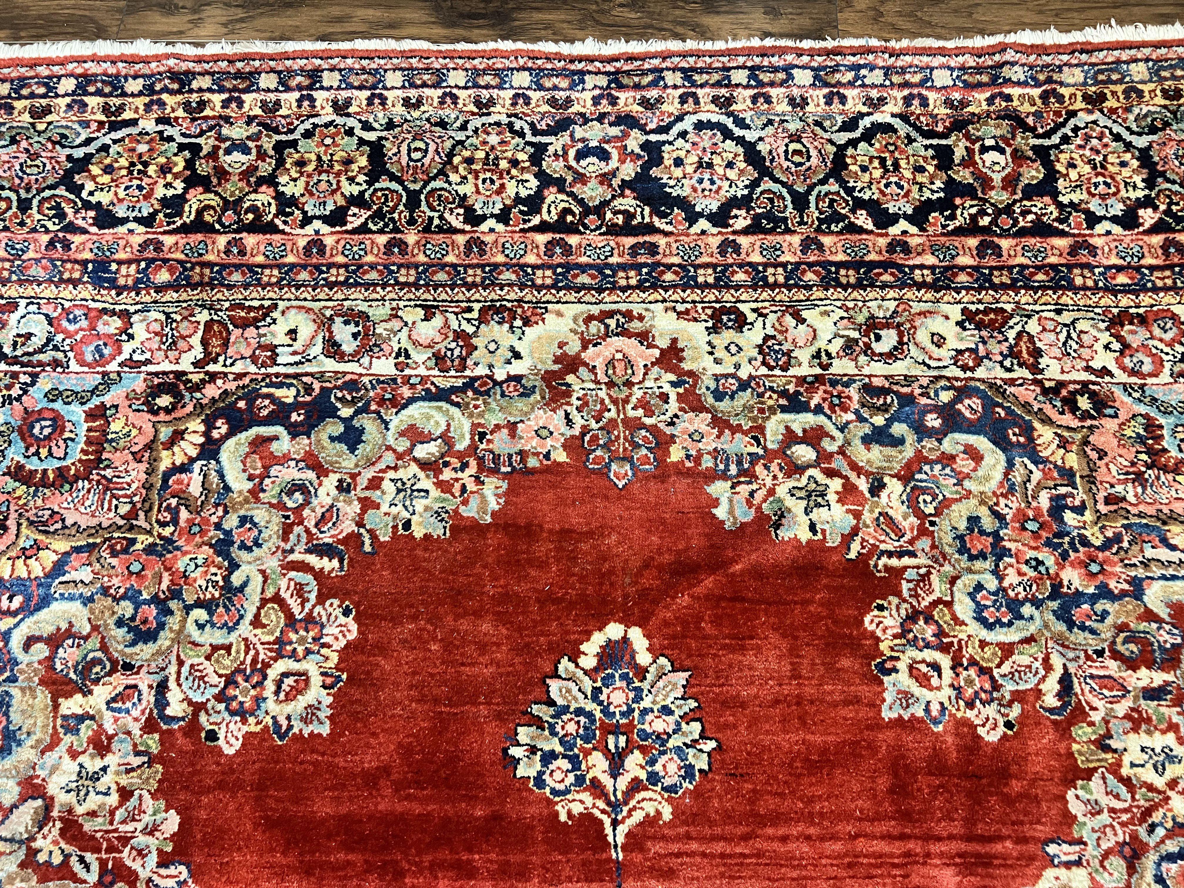 Persian Sarouk Rug 11x14, Semi Open Field, Large Antique Persian Wool Handmade Carpet, Red and Dark Blue, Floral - Image 3