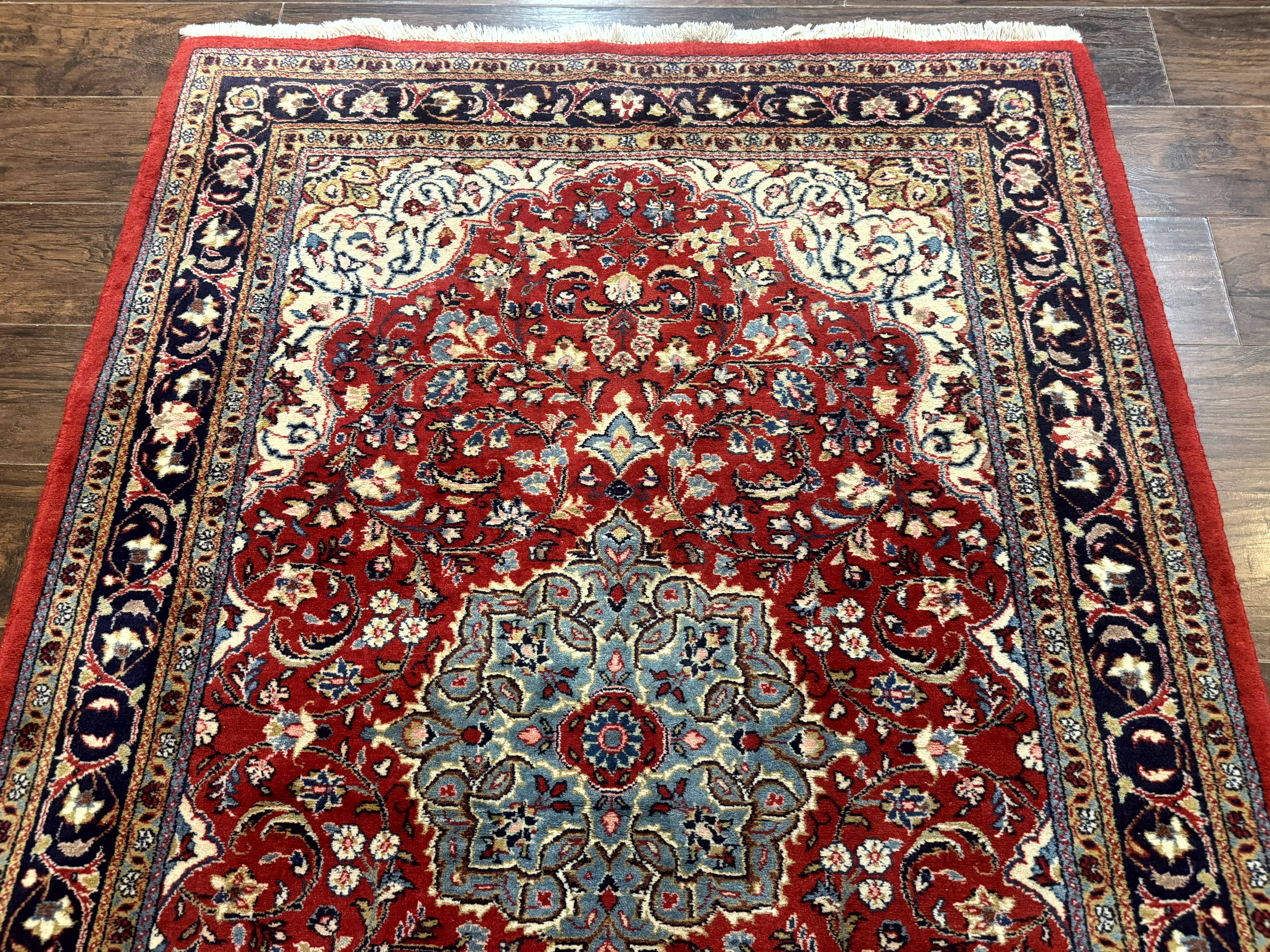 Persian Sarouk Rug 4x7, Red Navy Blue Vintage Wool Medallion Carpet - Image 3