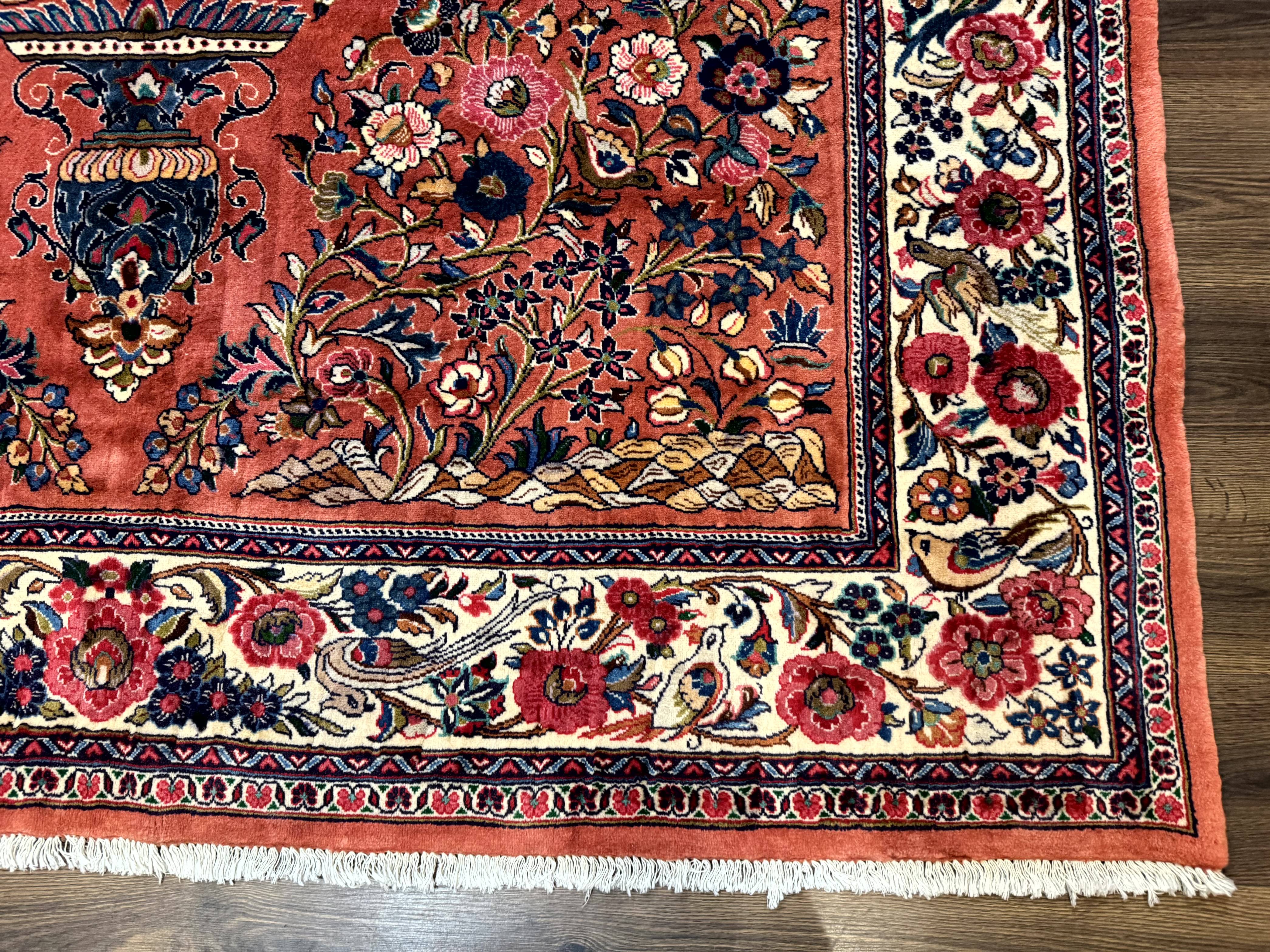 Persian Sarouk Rug 7x10, Red and Ivory, Floral Bouquets, Birds - Image 9