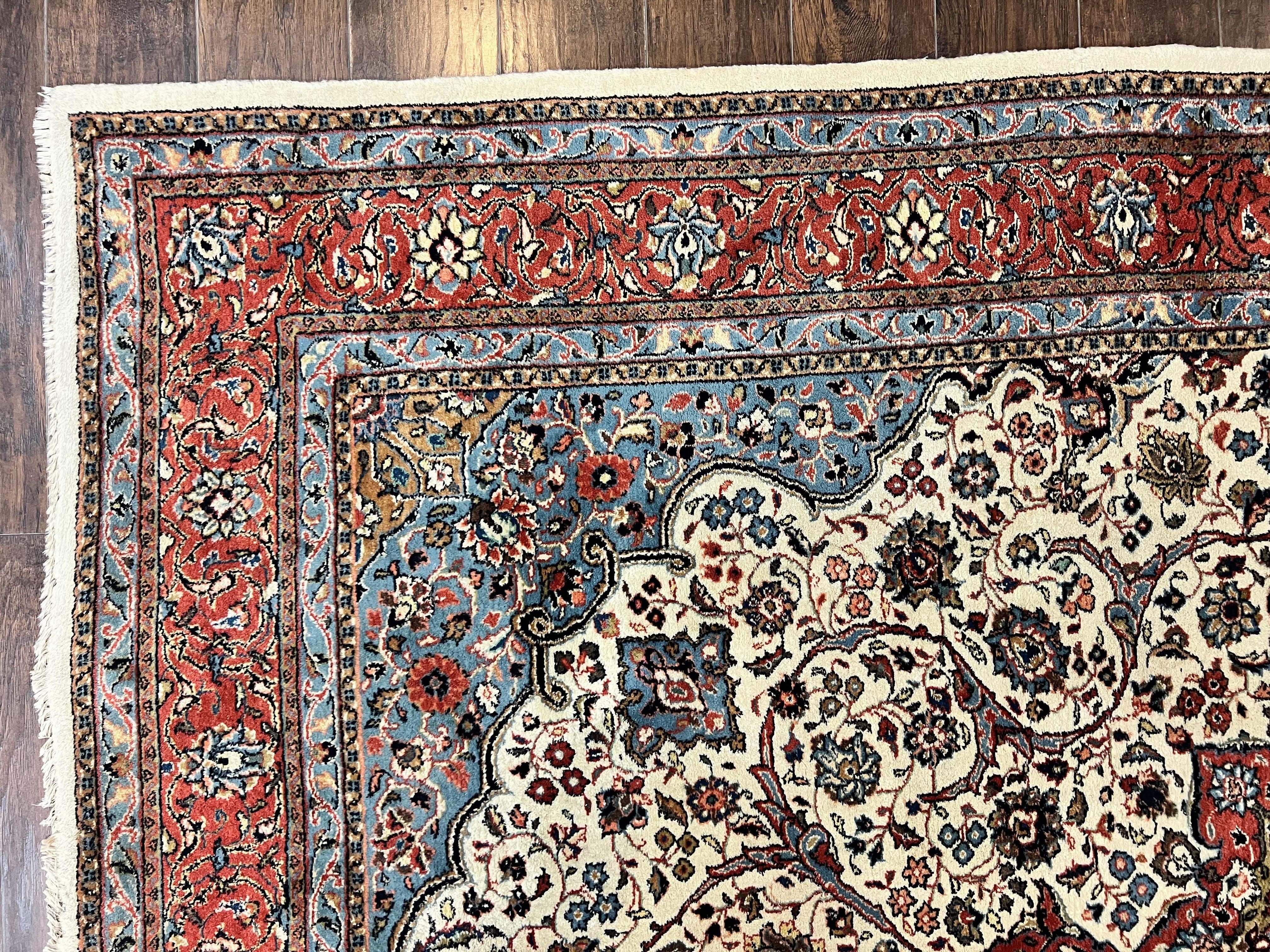 Persian Sarouk Rug 8x12, Wool Hand Knotted Antique Carpet, Floral Medallion, Cream Red, Traditional Oriental Rug - Image 6