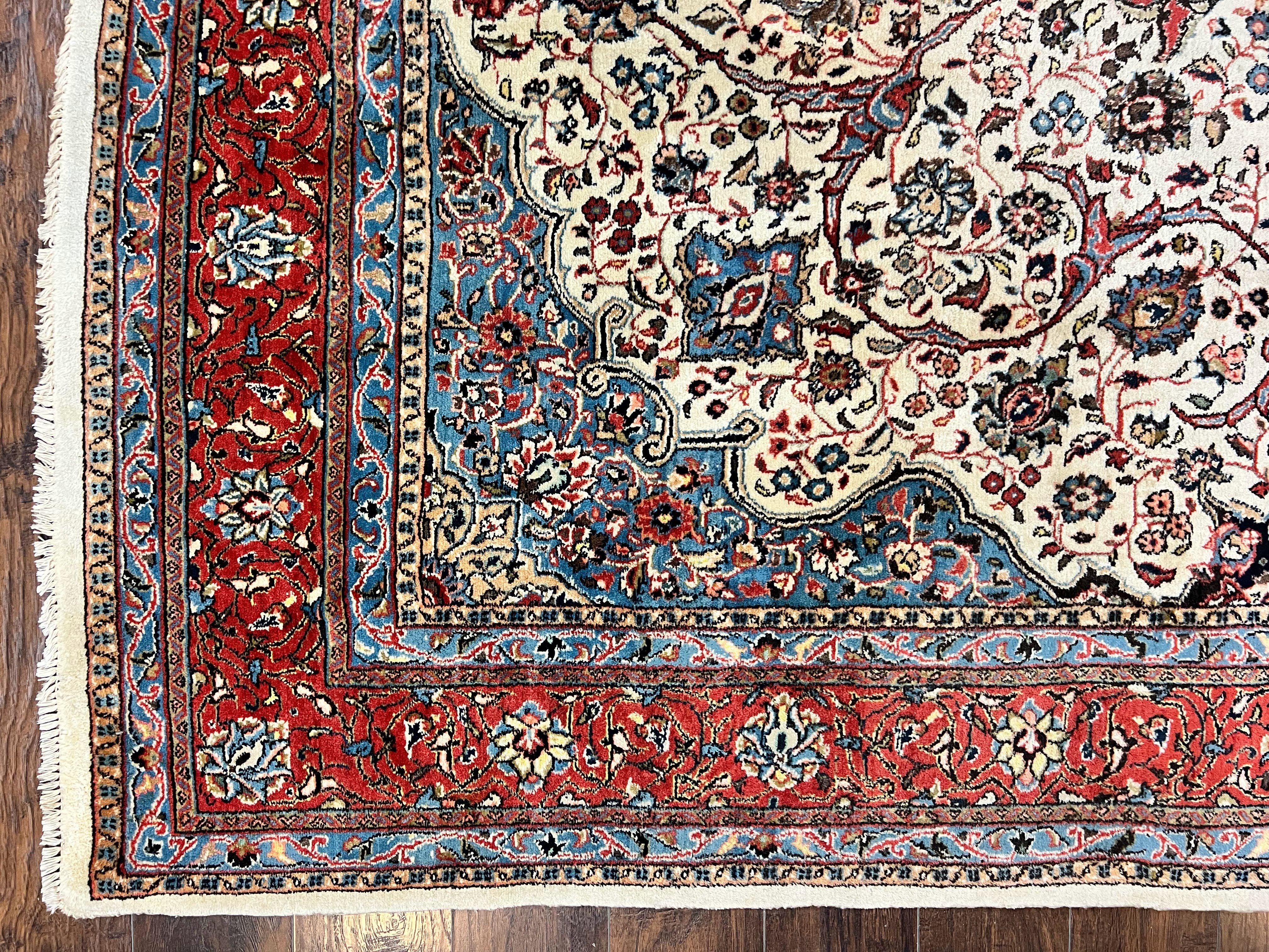 Persian Sarouk Rug 8x12, Wool Hand Knotted Antique Carpet, Floral Medallion, Cream Red, Traditional Oriental Rug - Image 8