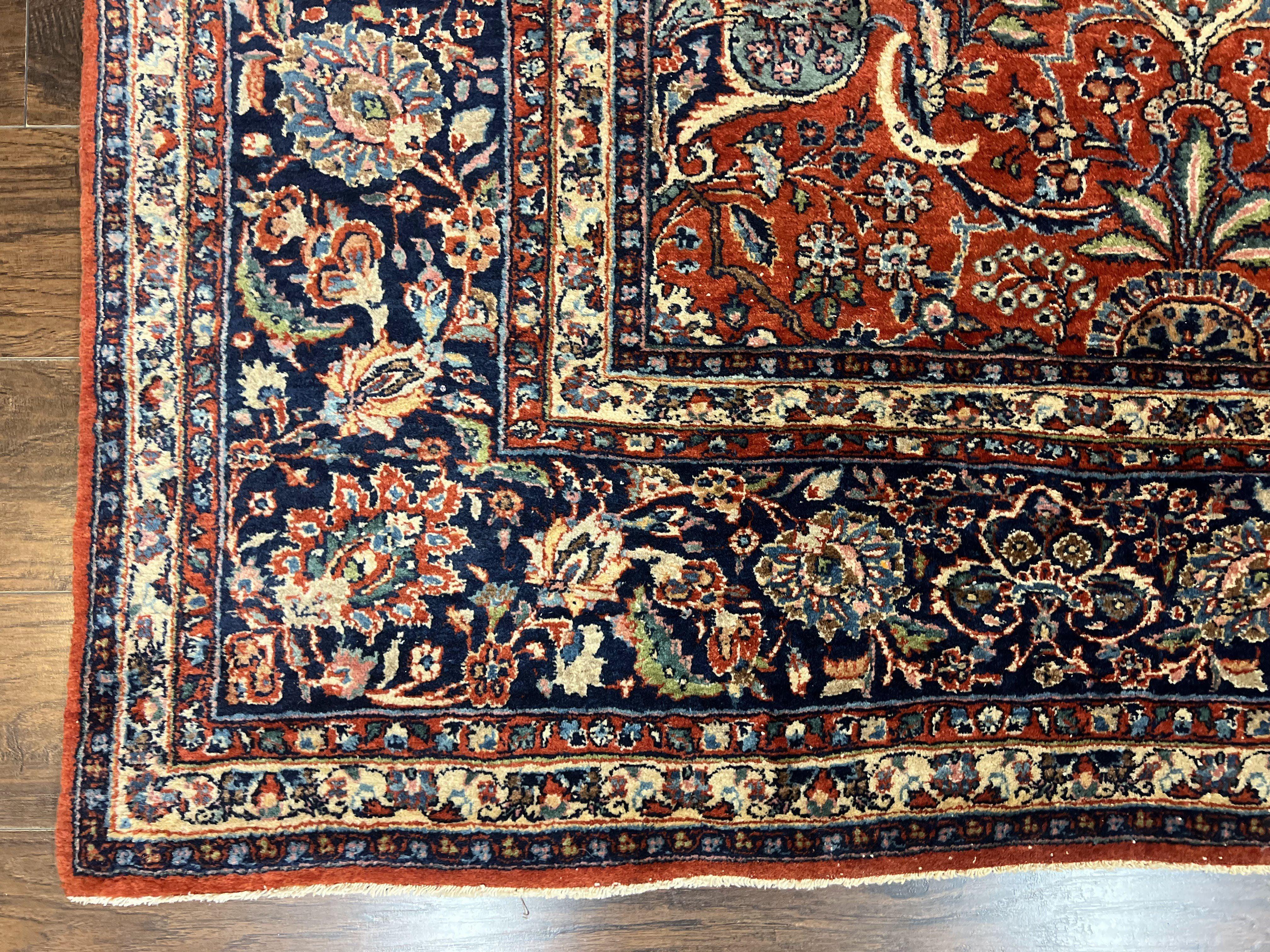 Persian Sarouk Rug 9x12, Red and Dark Blue Floral Allover Antique Persian Carpet, Handmade Wool Qazvin Rug - Image 8