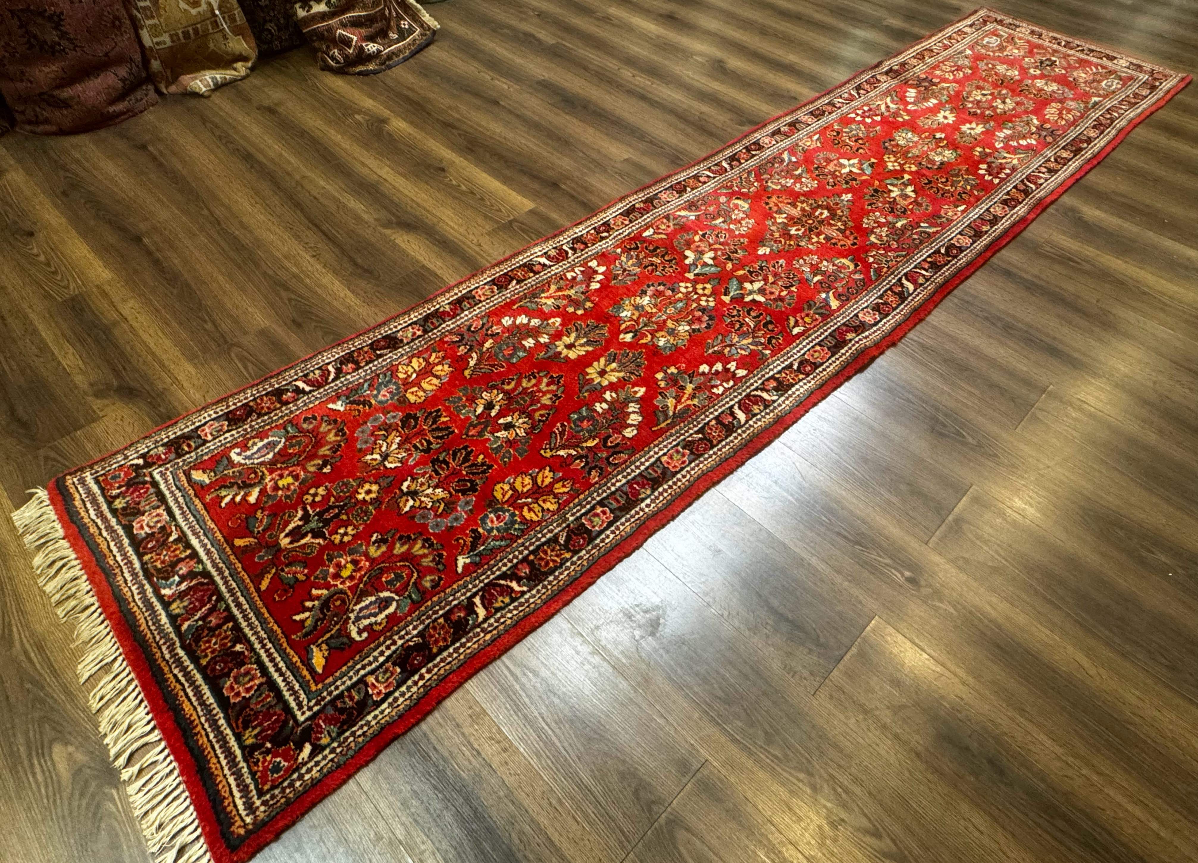 Persian Sarouk Runner Rug 3x12, Red Floral 3 x 12ft Runner, Vintage, Wool - Image 2