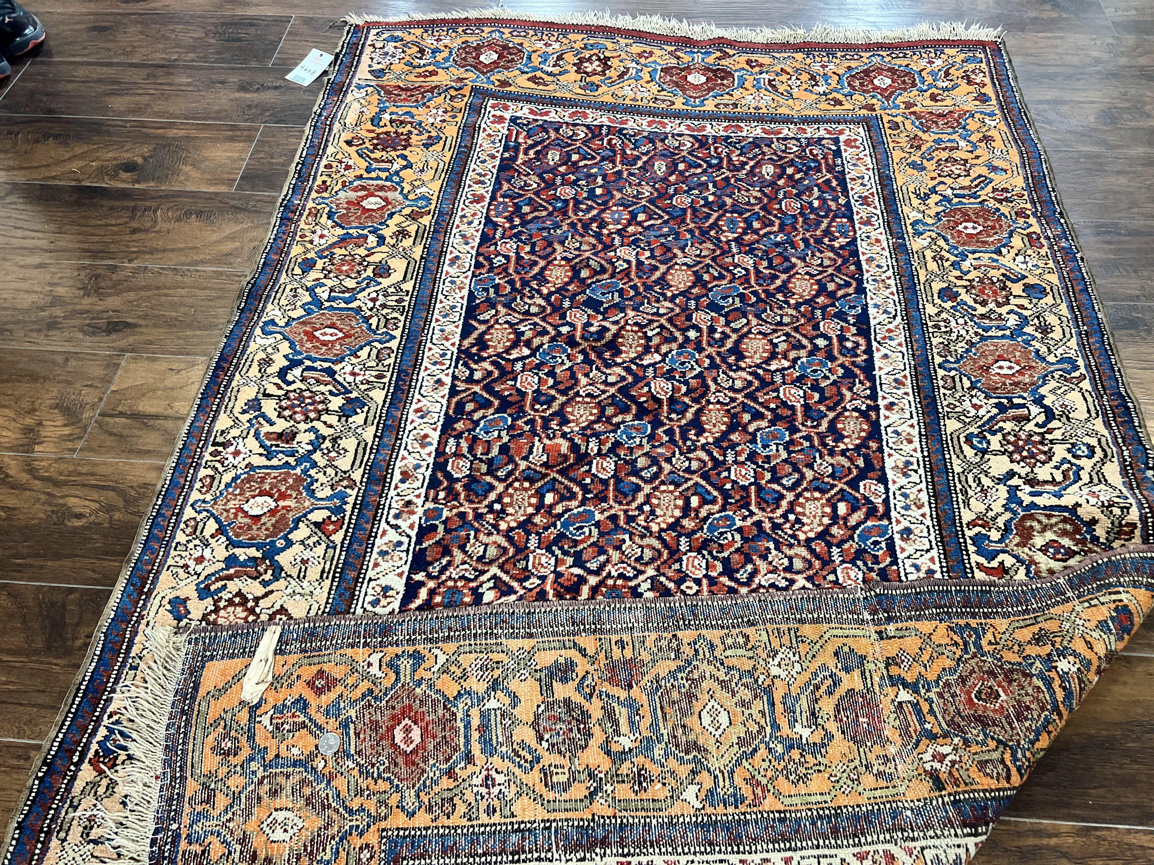 Persian Senneh Rug 4x8, Wool Hand Knotted Antique Kurdish Carpet, Navy Blue Oriental Area Rug, 4 x 8 Rug - Image 11
