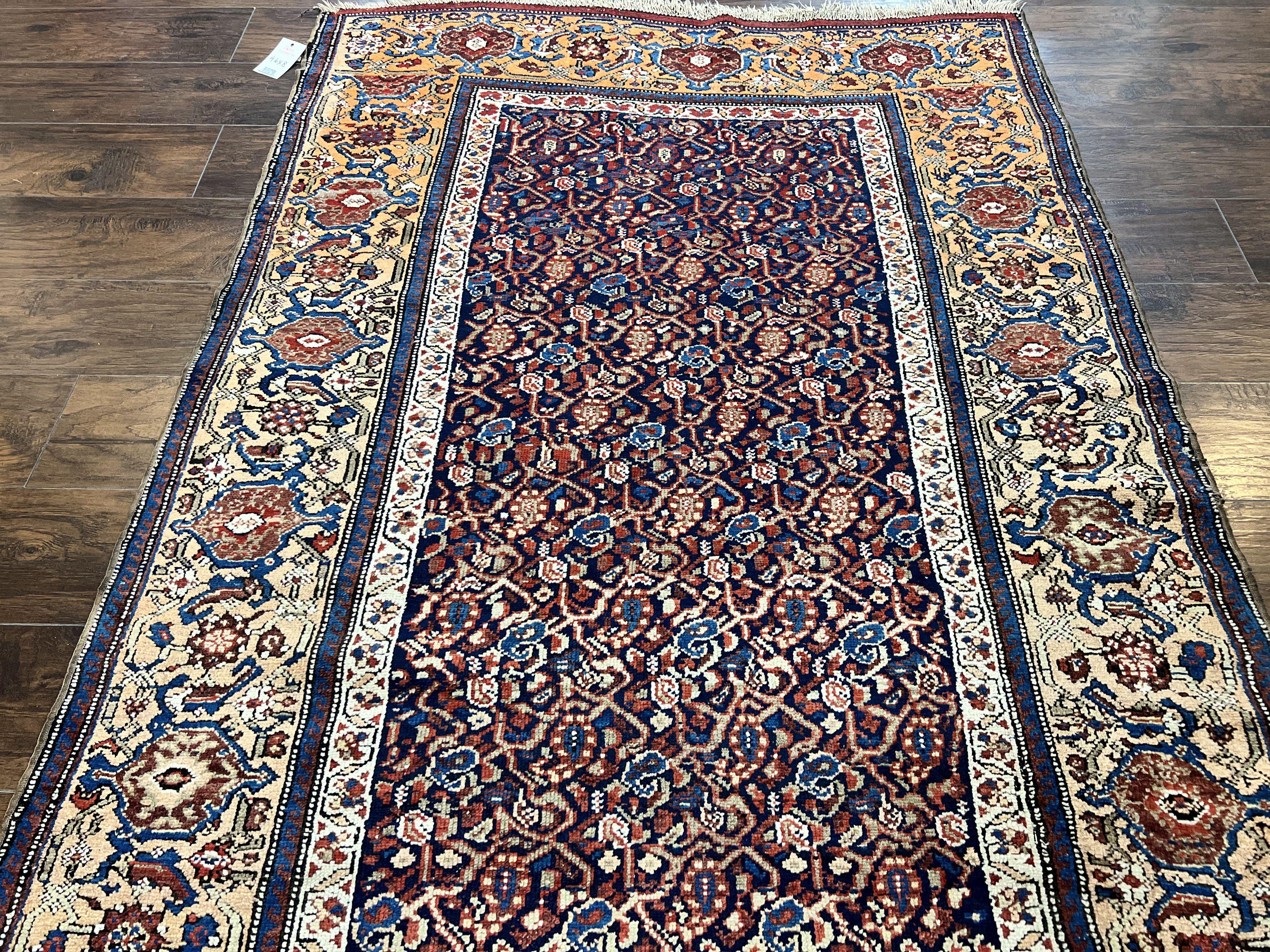 Persian Senneh Rug 4x8, Wool Hand Knotted Antique Kurdish Carpet, Navy Blue Oriental Area Rug, 4 x 8 Rug - Image 12