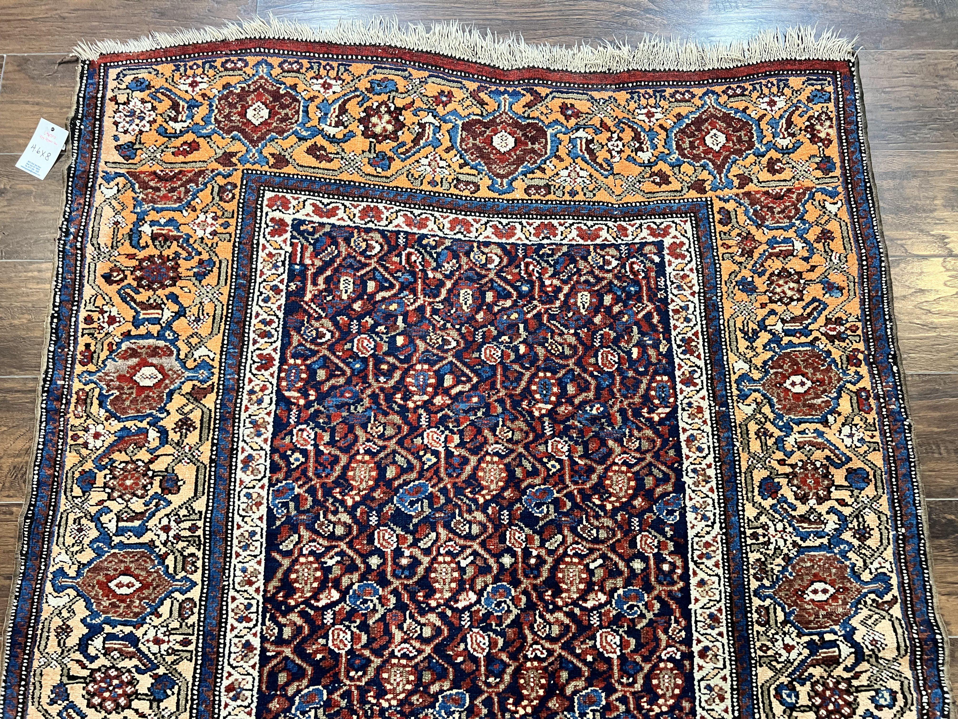 Persian Senneh Rug 4x8, Wool Hand Knotted Antique Kurdish Carpet, Navy Blue Oriental Area Rug, 4 x 8 Rug - Image 3