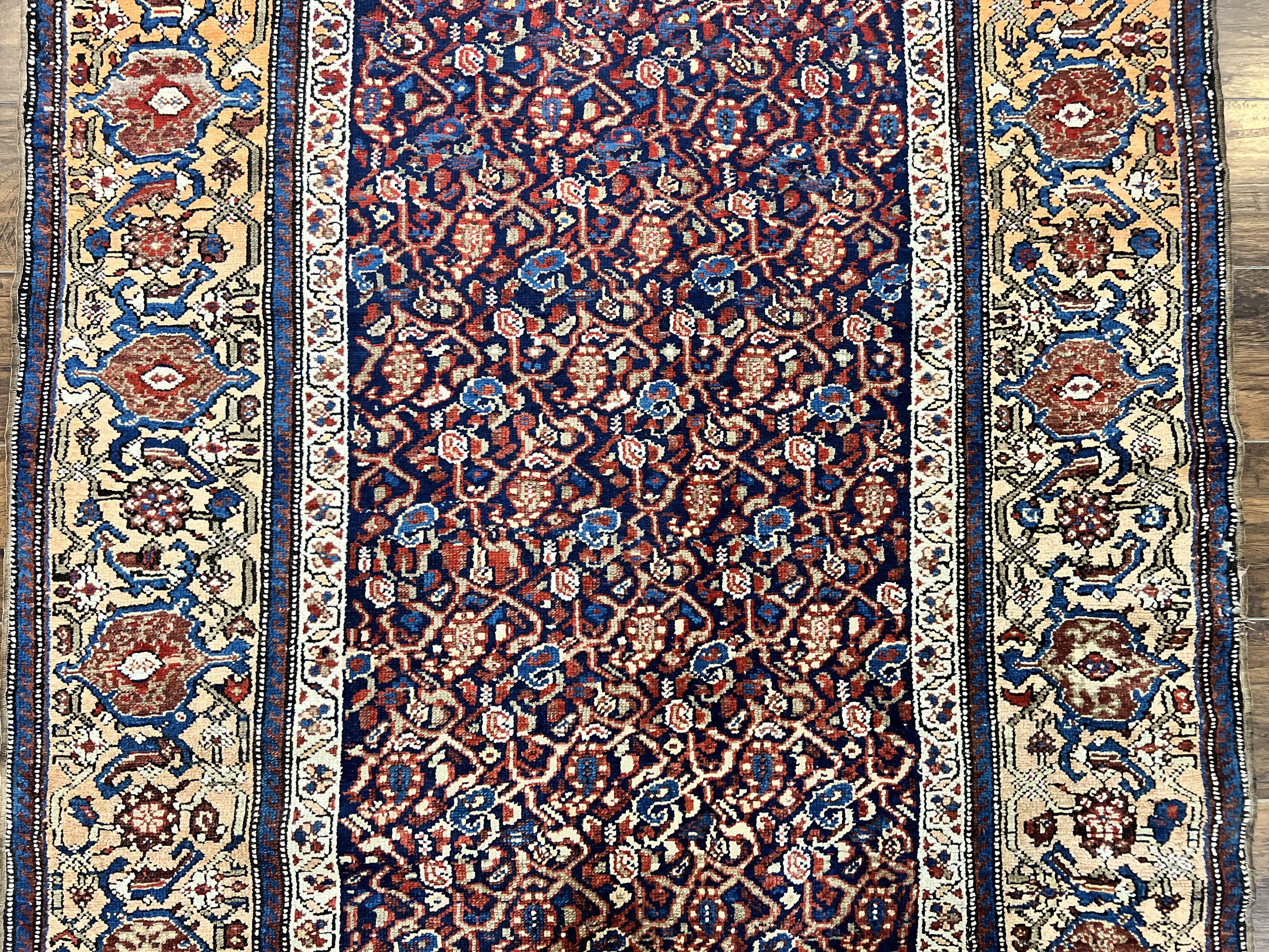 Persian Senneh Rug 4x8, Wool Hand Knotted Antique Kurdish Carpet, Navy Blue Oriental Area Rug, 4 x 8 Rug - Image 4