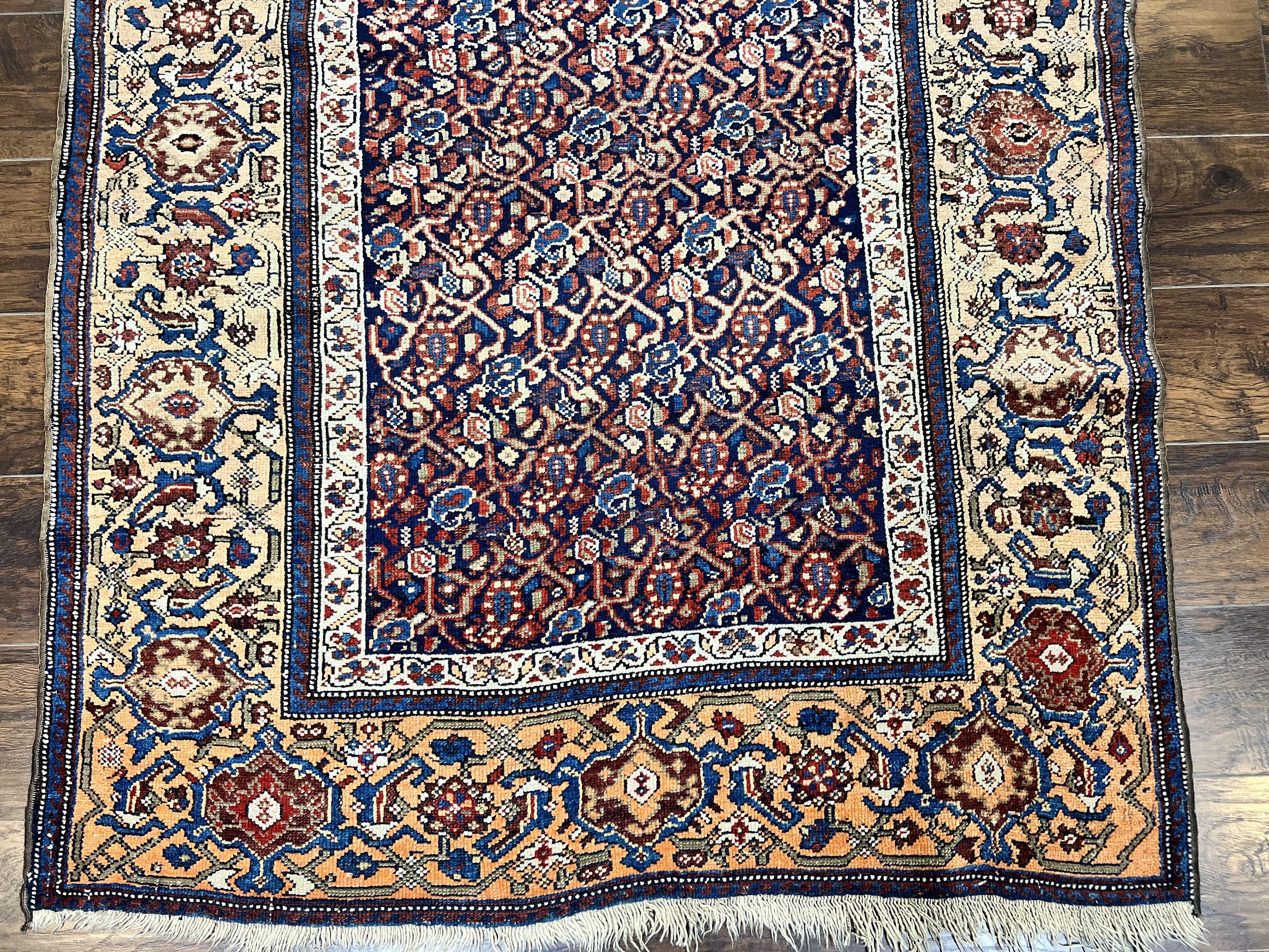 Persian Senneh Rug 4x8, Wool Hand Knotted Antique Kurdish Carpet, Navy Blue Oriental Area Rug, 4 x 8 Rug - Image 5