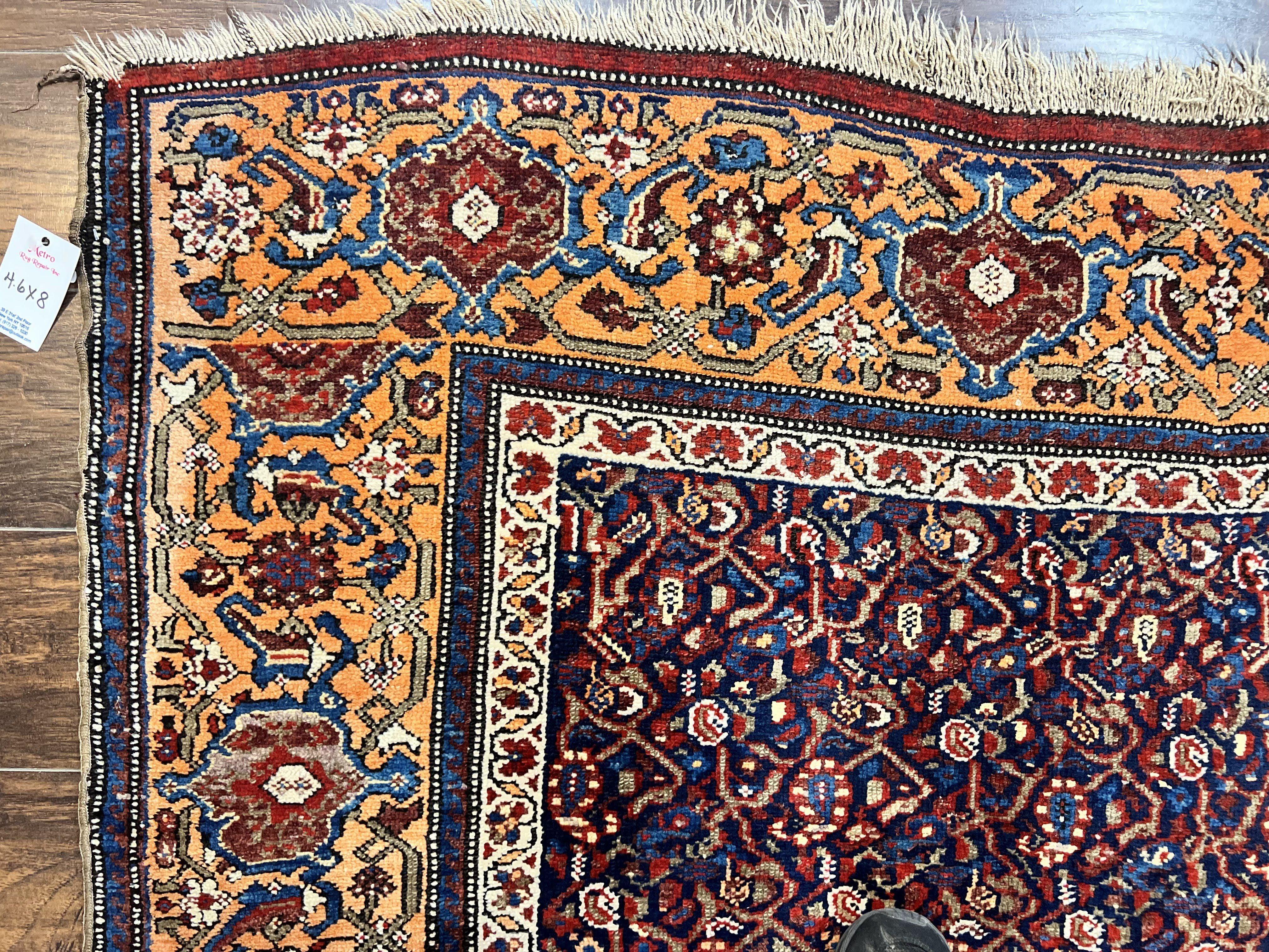 Persian Senneh Rug 4x8, Wool Hand Knotted Antique Kurdish Carpet, Navy Blue Oriental Area Rug, 4 x 8 Rug - Image 6
