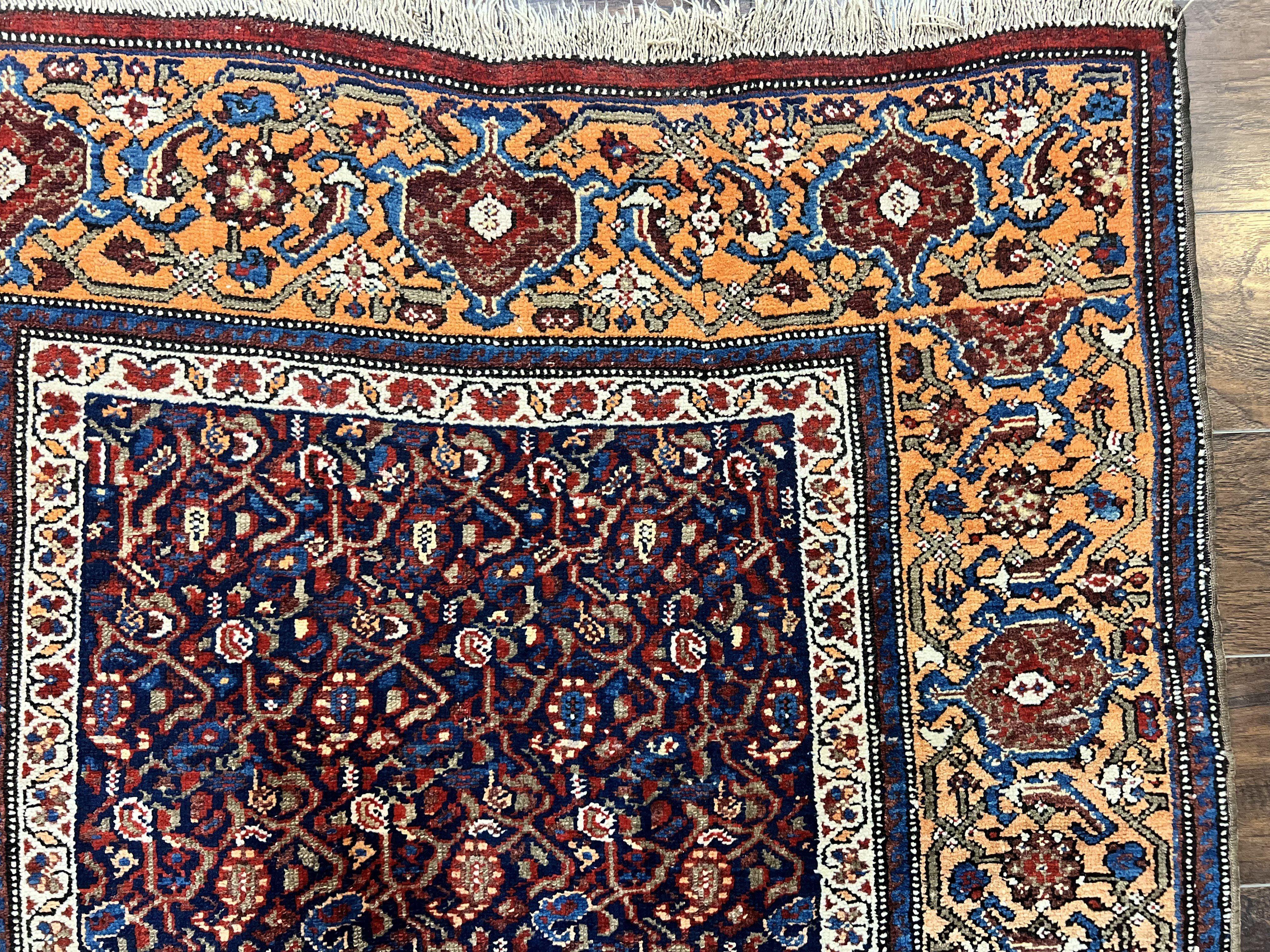 Persian Senneh Rug 4x8, Wool Hand Knotted Antique Kurdish Carpet, Navy Blue Oriental Area Rug, 4 x 8 Rug - Image 7