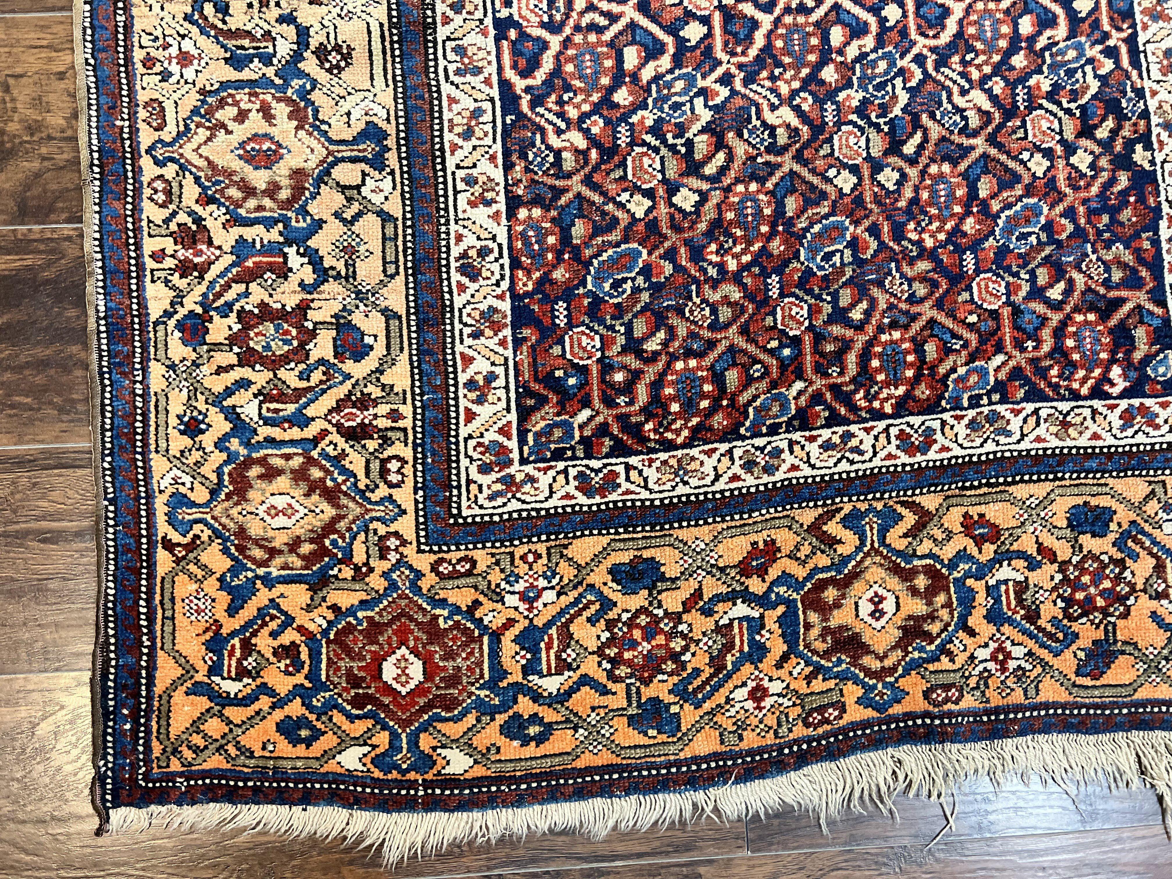 Persian Senneh Rug 4x8, Wool Hand Knotted Antique Kurdish Carpet, Navy Blue Oriental Area Rug, 4 x 8 Rug - Image 8