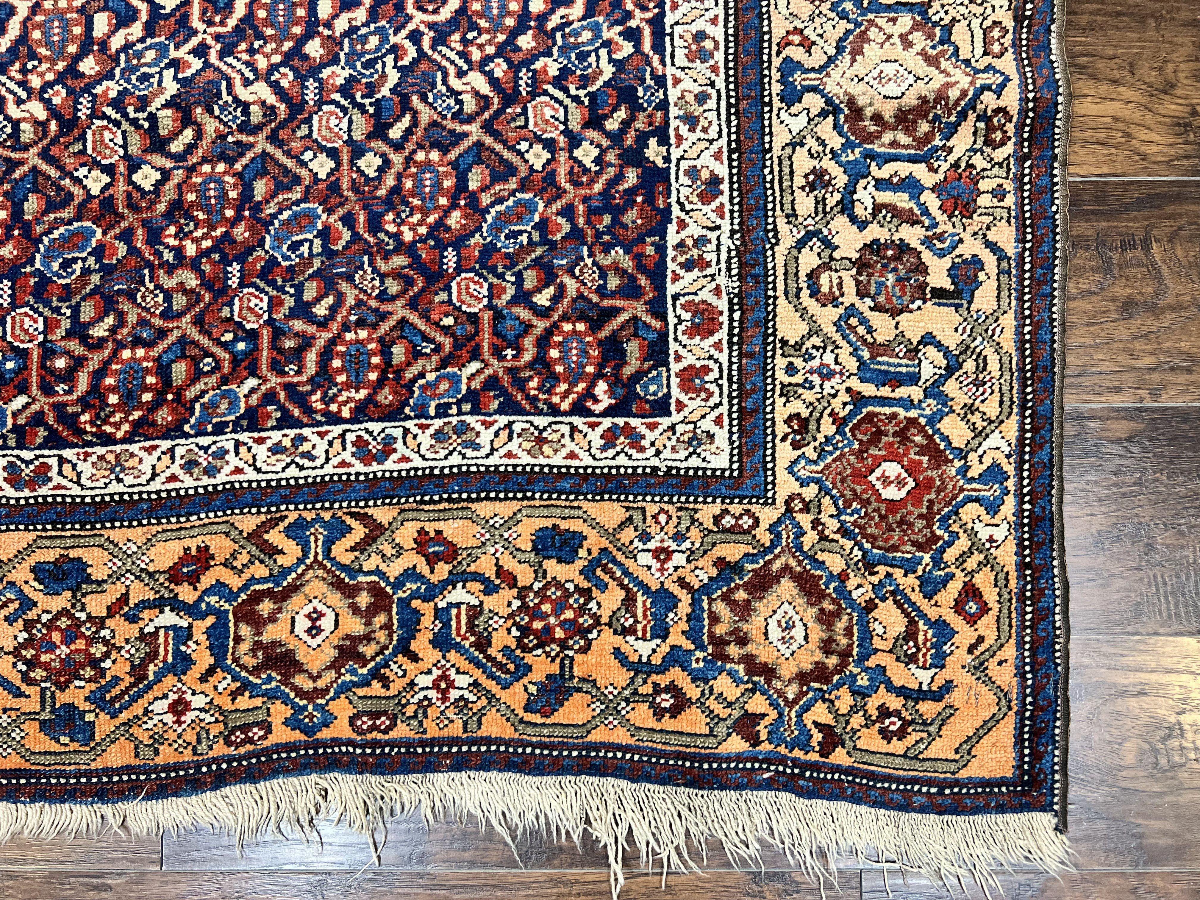 Persian Senneh Rug 4x8, Wool Hand Knotted Antique Kurdish Carpet, Navy Blue Oriental Area Rug, 4 x 8 Rug - Image 9