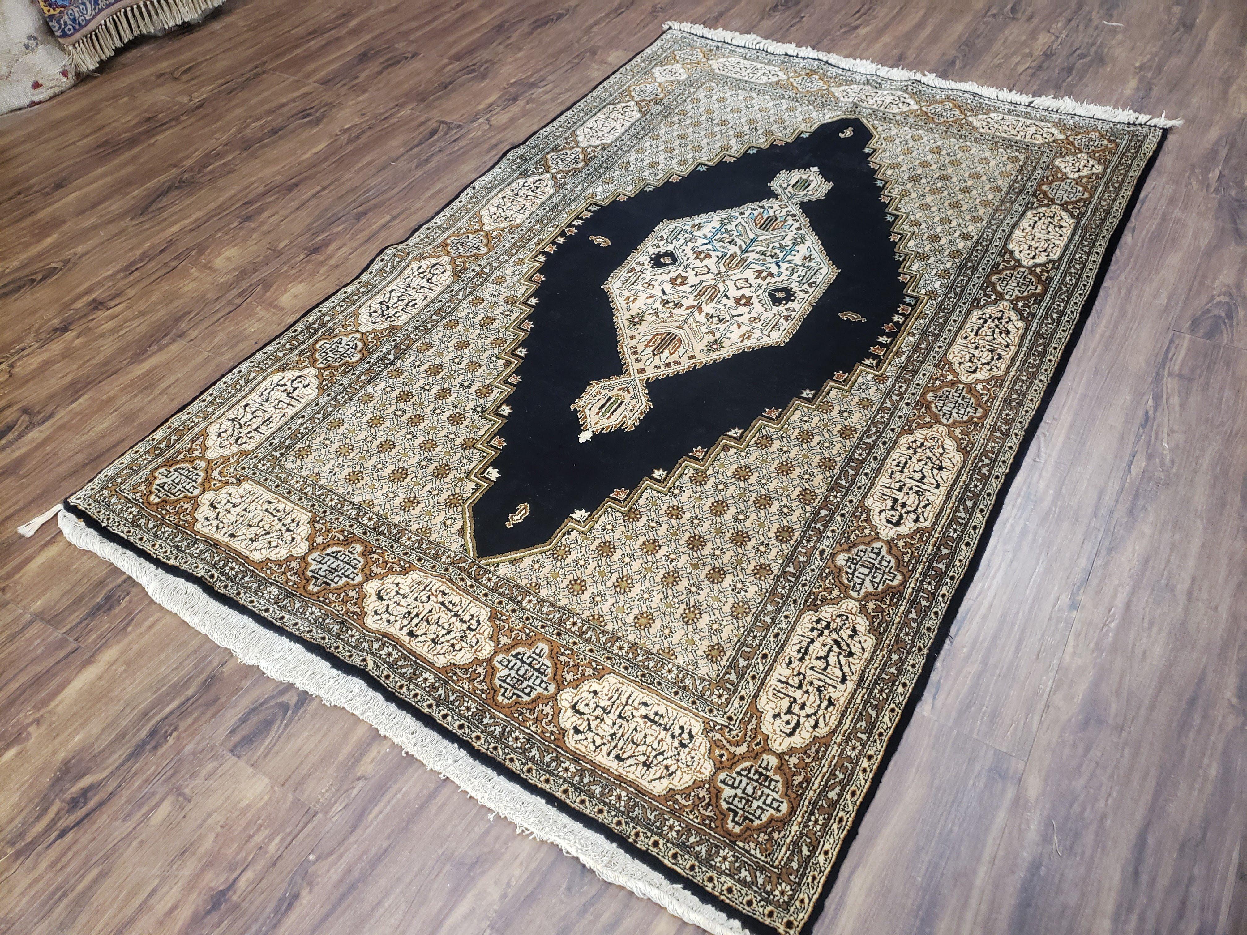 Persian Silk Qum Rug, Silk on Silk, Black Golden Brown and Beige, Hand-Knotted, 3'6" x 5' 5" - Image 2