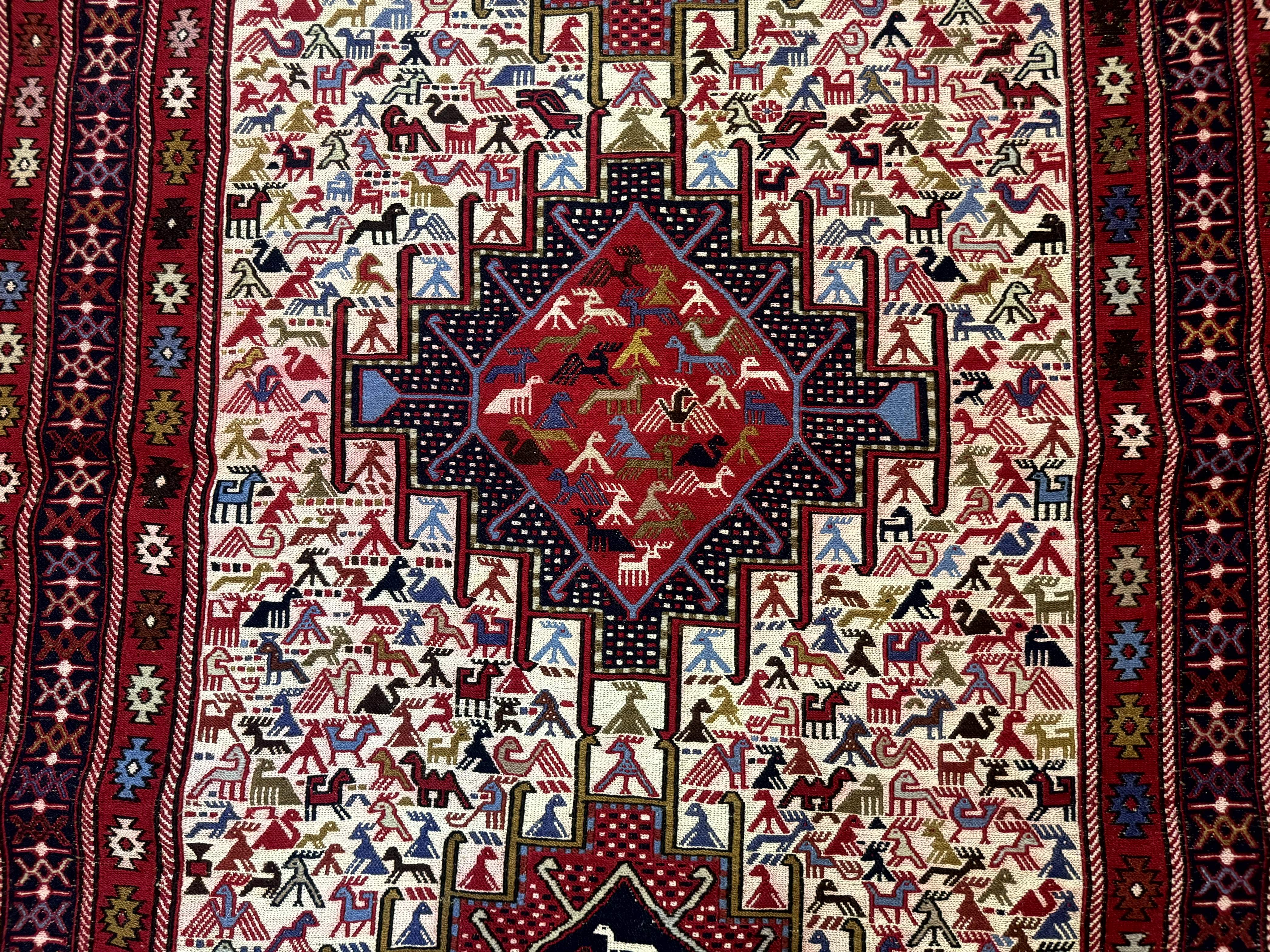 Persian Soumak Kilim Rug 4x6, Triple Medallions Tribal Pictorials, Caucasian Azerbaijani Kilim - Image 4