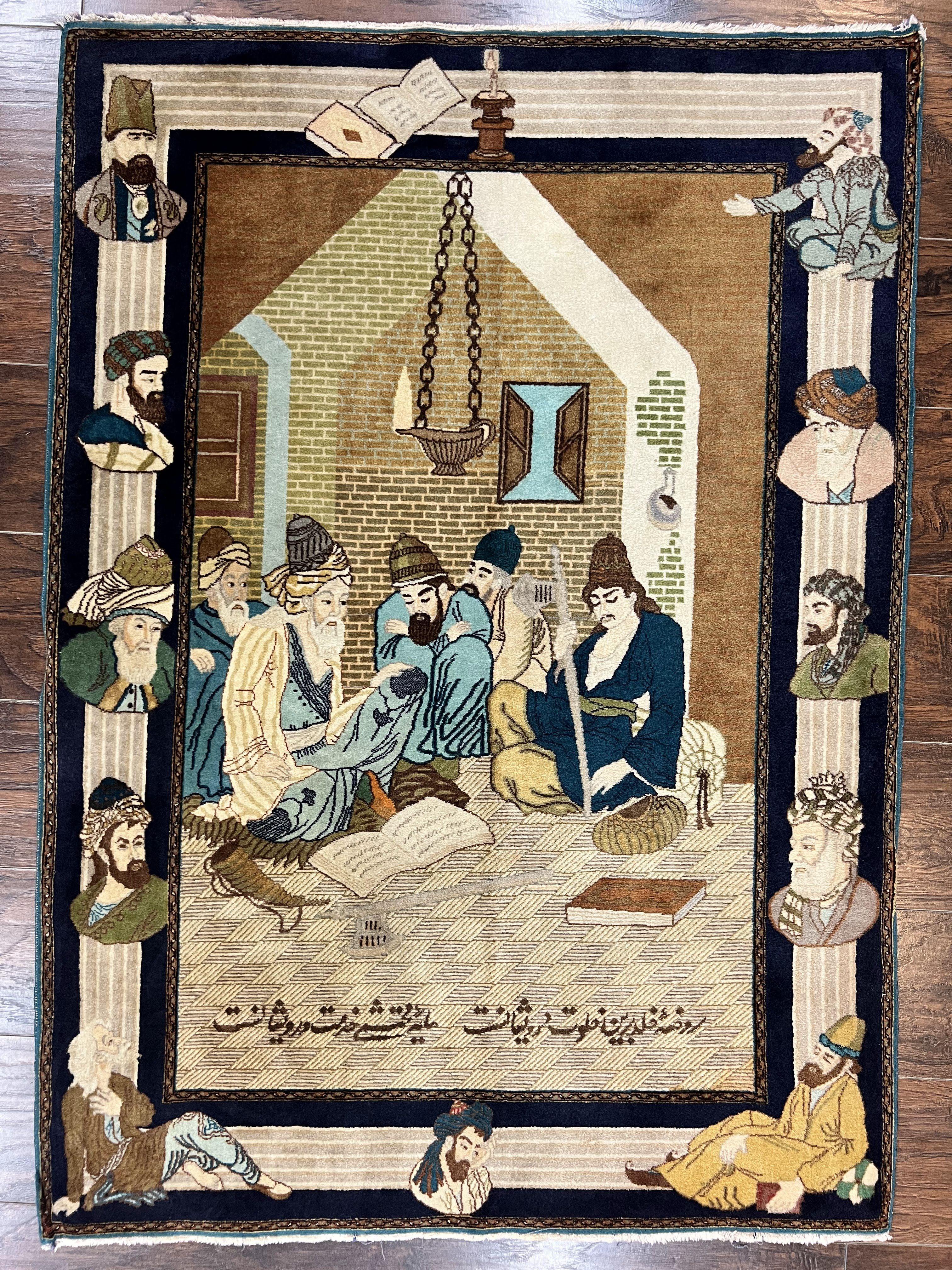 Persian Tabriz Pictorial Rug 3x5, Wall Hanging Carpet, Very Fine 60 Raj 475 KPSI, Hand Knotted Vintage Semi Antique, Wool, Persian Poetry - Image 2