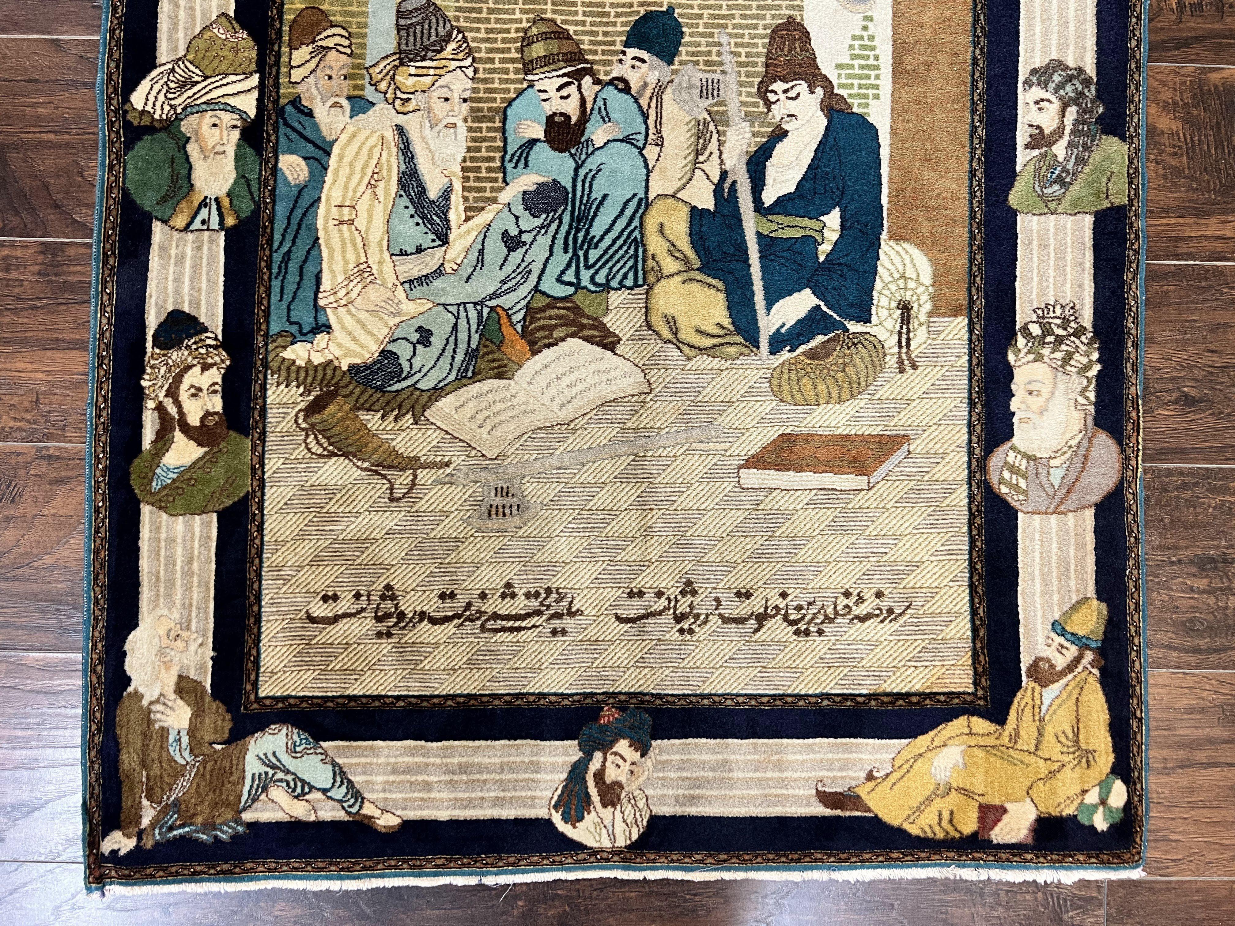 Persian Tabriz Pictorial Rug 3x5, Wall Hanging Carpet, Very Fine 60 Raj 475 KPSI, Hand Knotted Vintage Semi Antique, Wool, Persian Poetry - Image 5