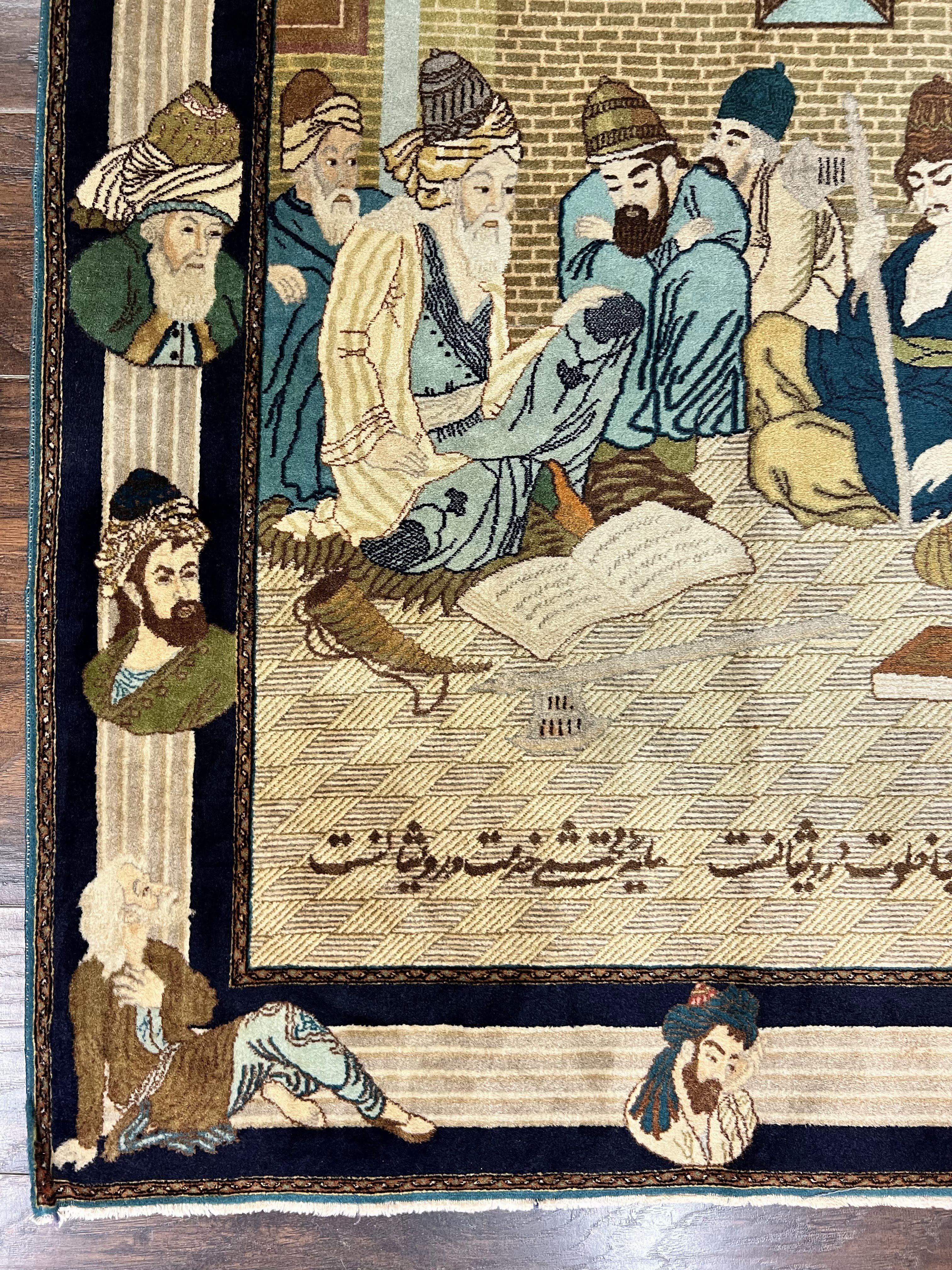 Persian Tabriz Pictorial Rug 3x5, Wall Hanging Carpet, Very Fine 60 Raj 475 KPSI, Hand Knotted Vintage Semi Antique, Wool, Persian Poetry - Image 8