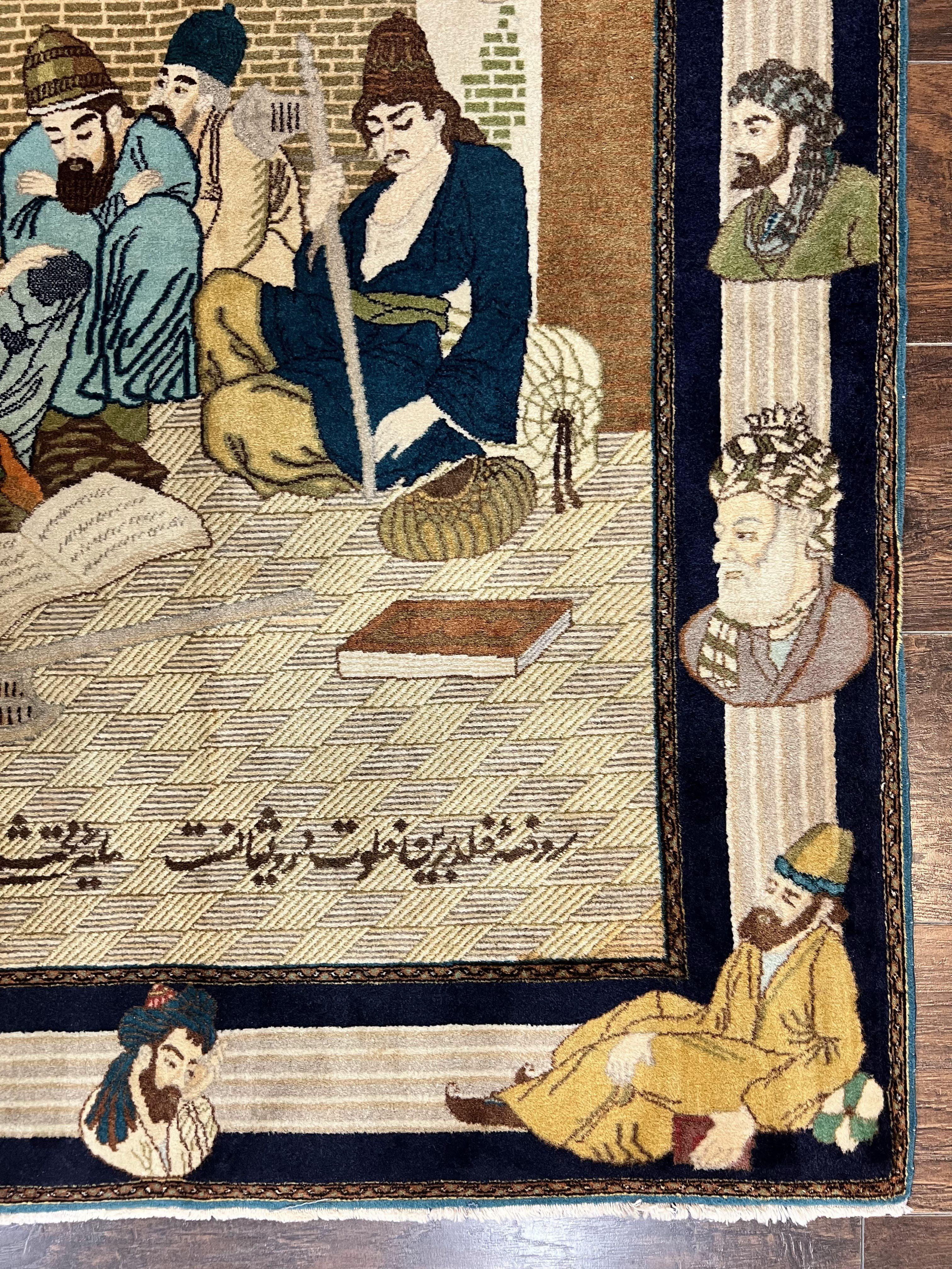 Persian Tabriz Pictorial Rug 3x5, Wall Hanging Carpet, Very Fine 60 Raj 475 KPSI, Hand Knotted Vintage Semi Antique, Wool, Persian Poetry - Image 9