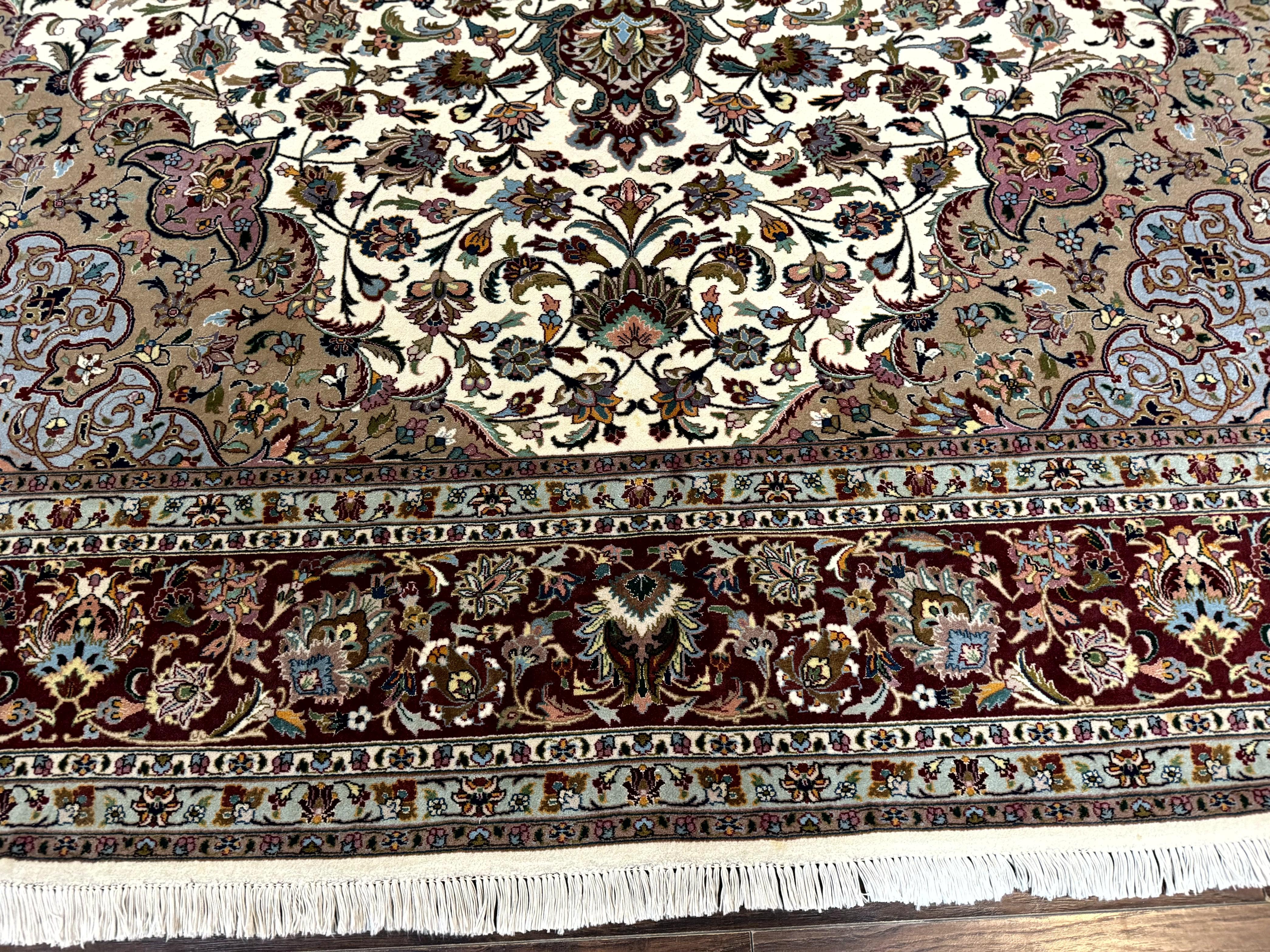 Persian Tabriz Rug 8x11, Floral Medallion Traditional Area Rug, Fine 300 KPSI, Ivory Maroon - Image 5