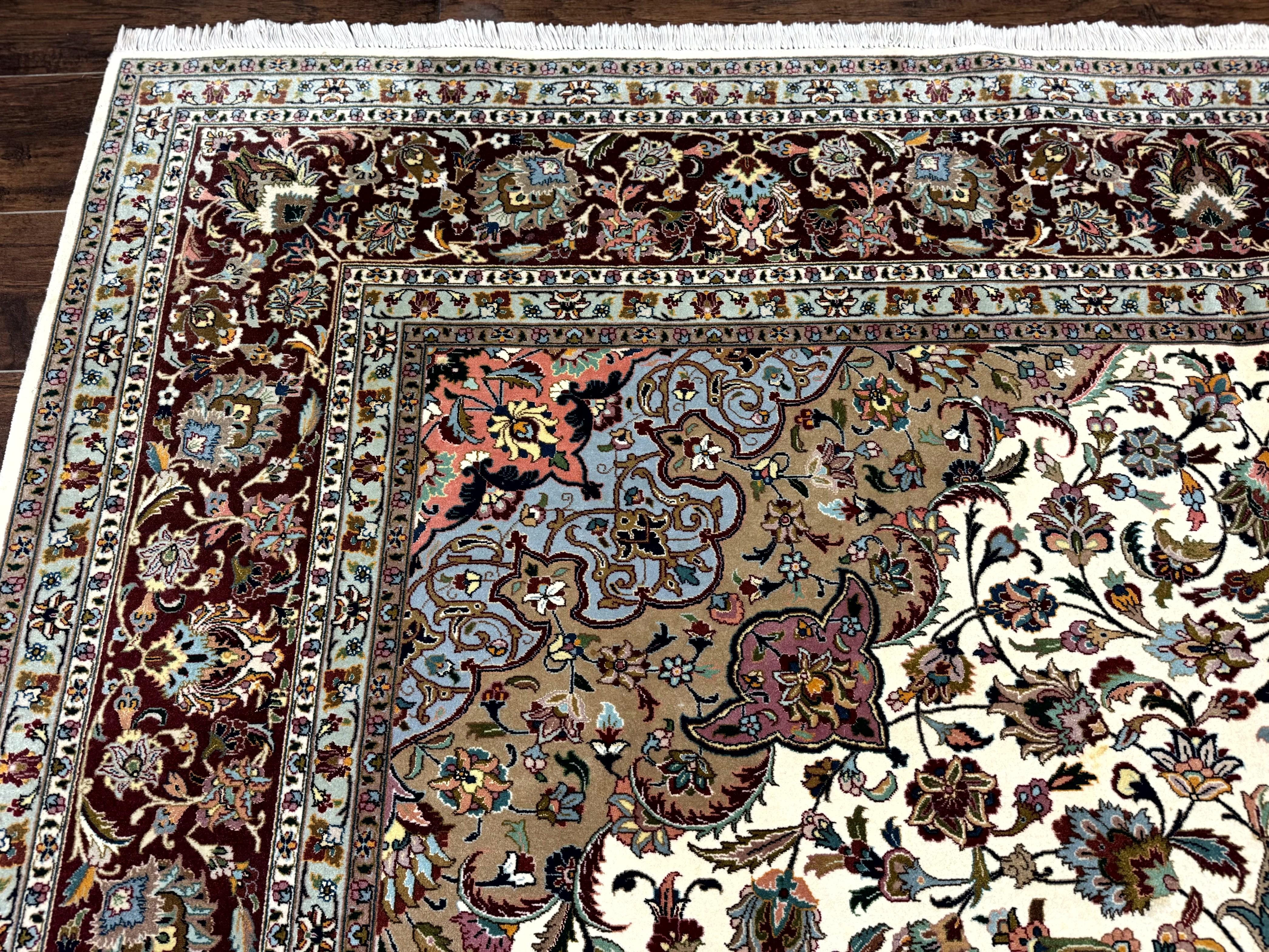 Persian Tabriz Rug 8x11, Floral Medallion Traditional Area Rug, Fine 300 KPSI, Ivory Maroon - Image 6