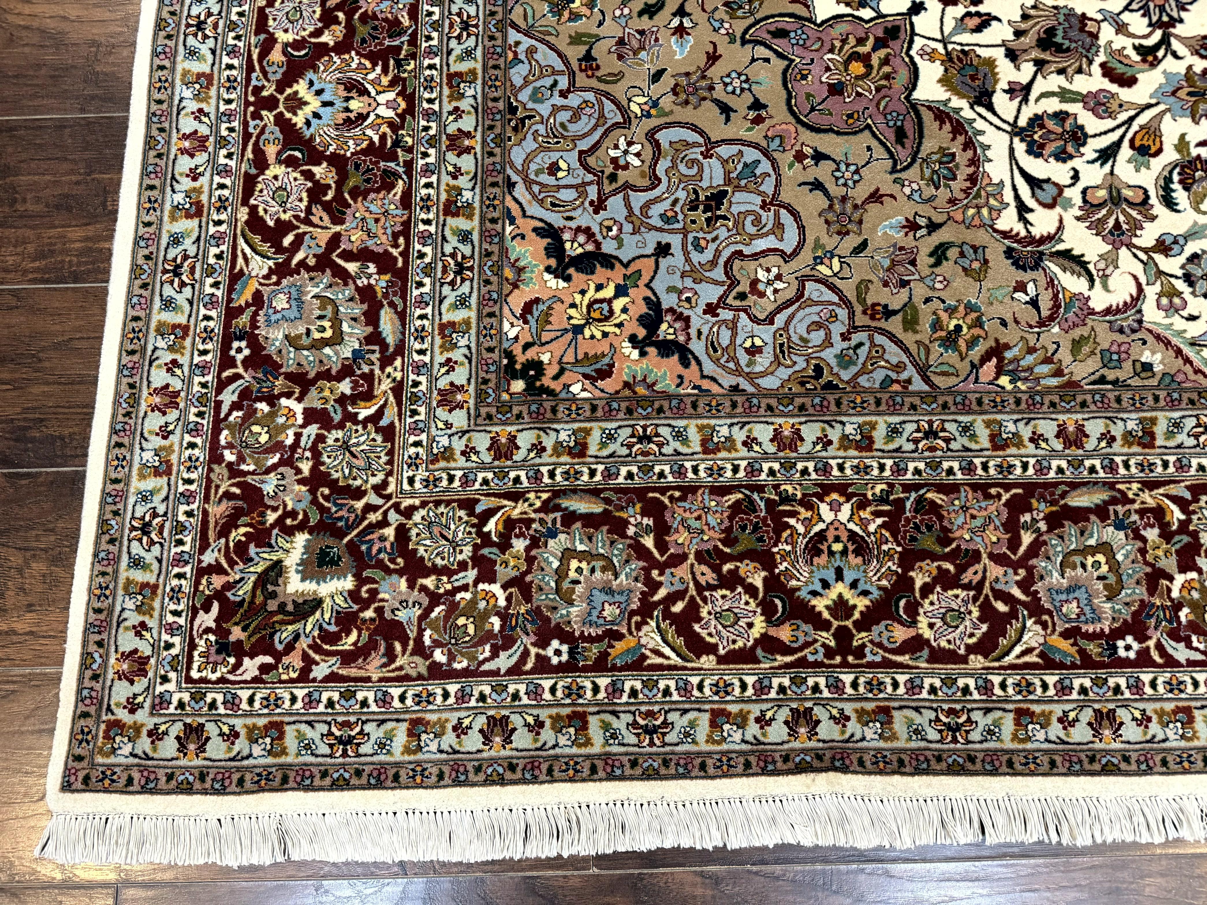 Persian Tabriz Rug 8x11, Floral Medallion Traditional Area Rug, Fine 300 KPSI, Ivory Maroon - Image 8