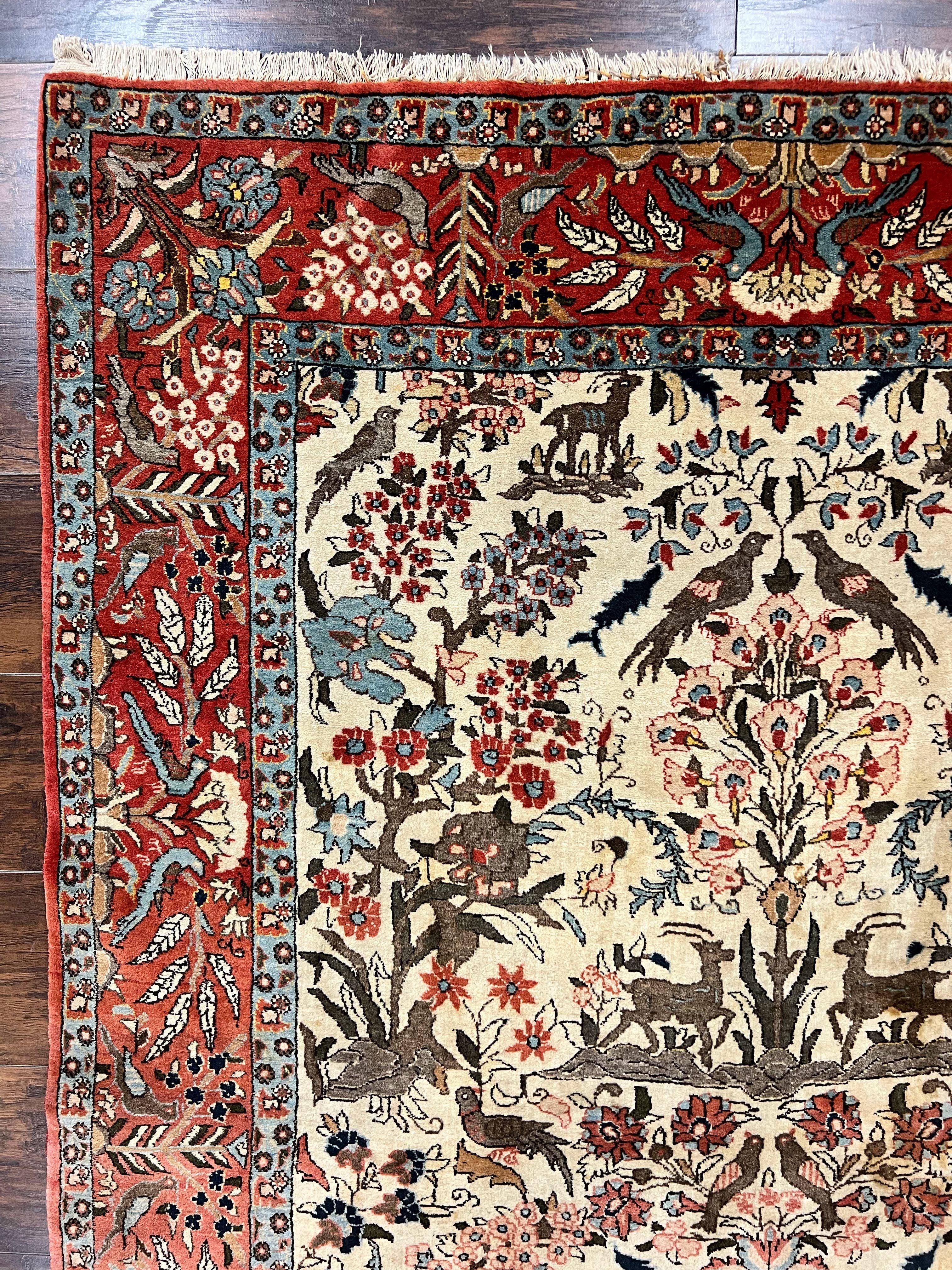 Persian Tree of Life 5x7, Qum Rug, Animal Motifs, Deer Birds, Fine 225 KPSI, Semi Antique Wool Rug, Cream Red - Image 6
