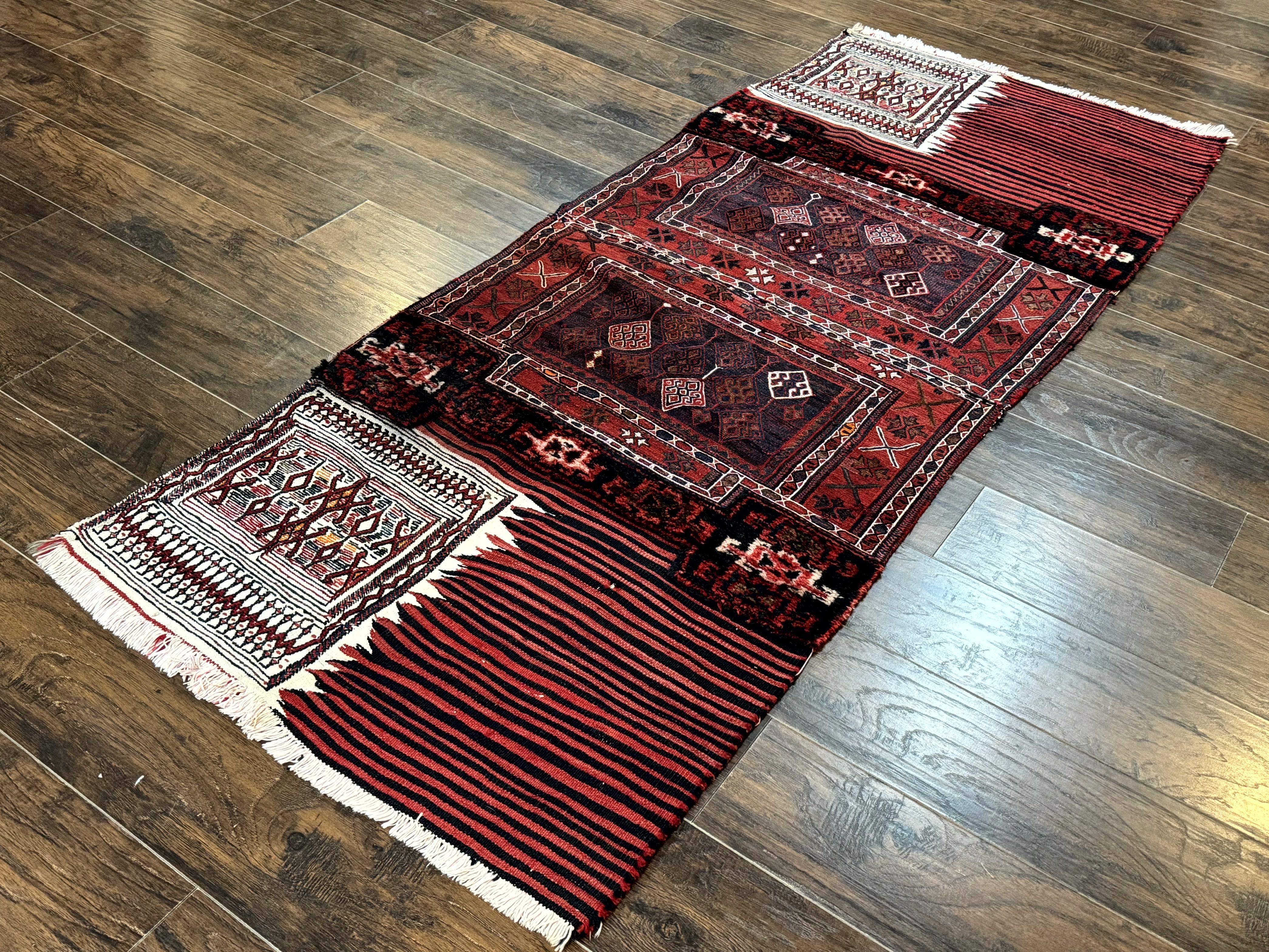 Persian Tribal Nomadic Saddle Cover Rug, Antique, Handmade, Wool, Red Ivory Black, Collectible, Shahsavan - Image 2