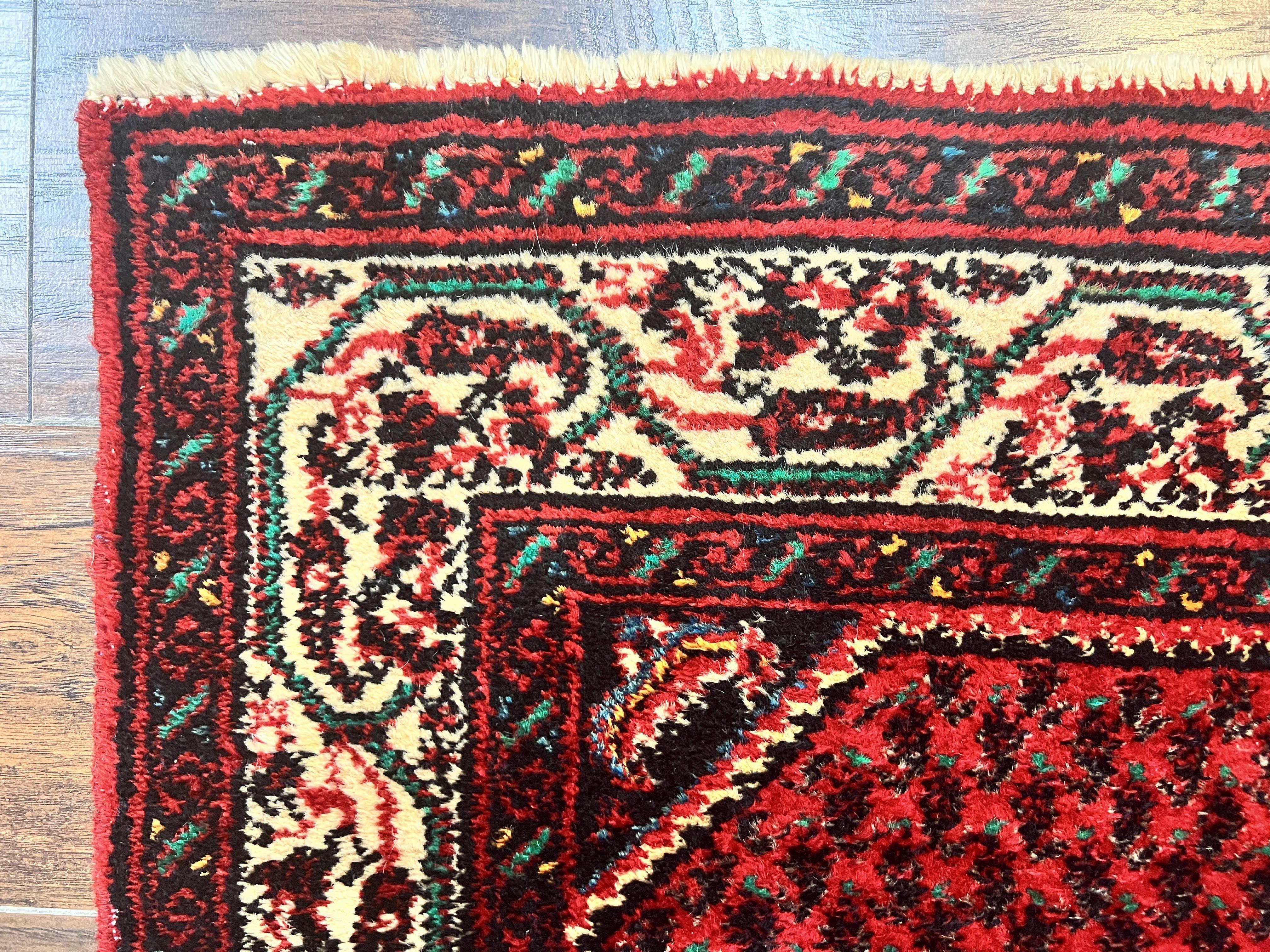 Persian Tribal Rug 2.6 x 5, Boteh Paisley Pattern, Red and Beige, Wool Hamadan Rug - Image 6