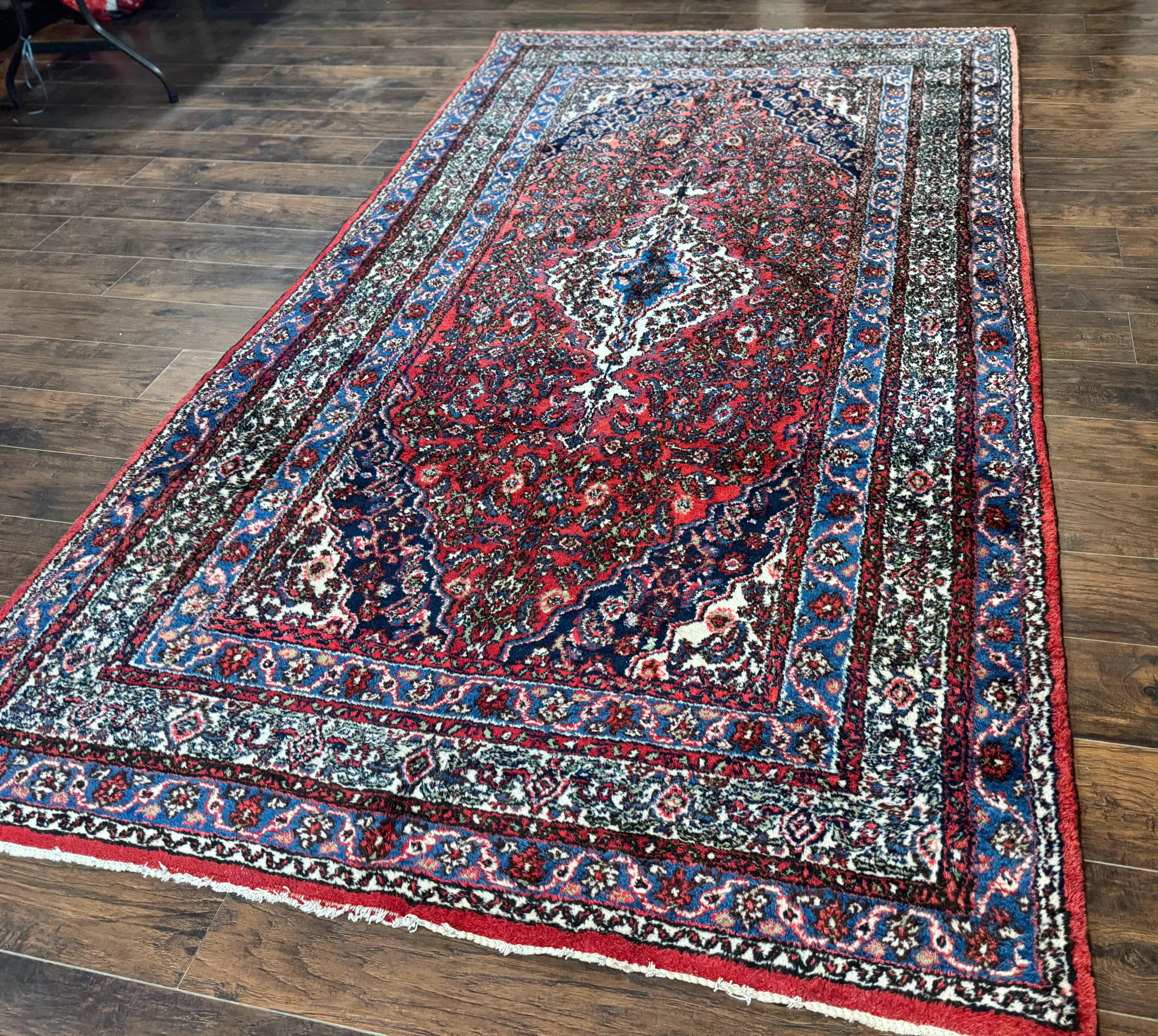 Persian Tribal Rug 6x11, Red Blue Ivory, Antique Persian Carpet, Hamadan Dargazin Carpet - Image 13