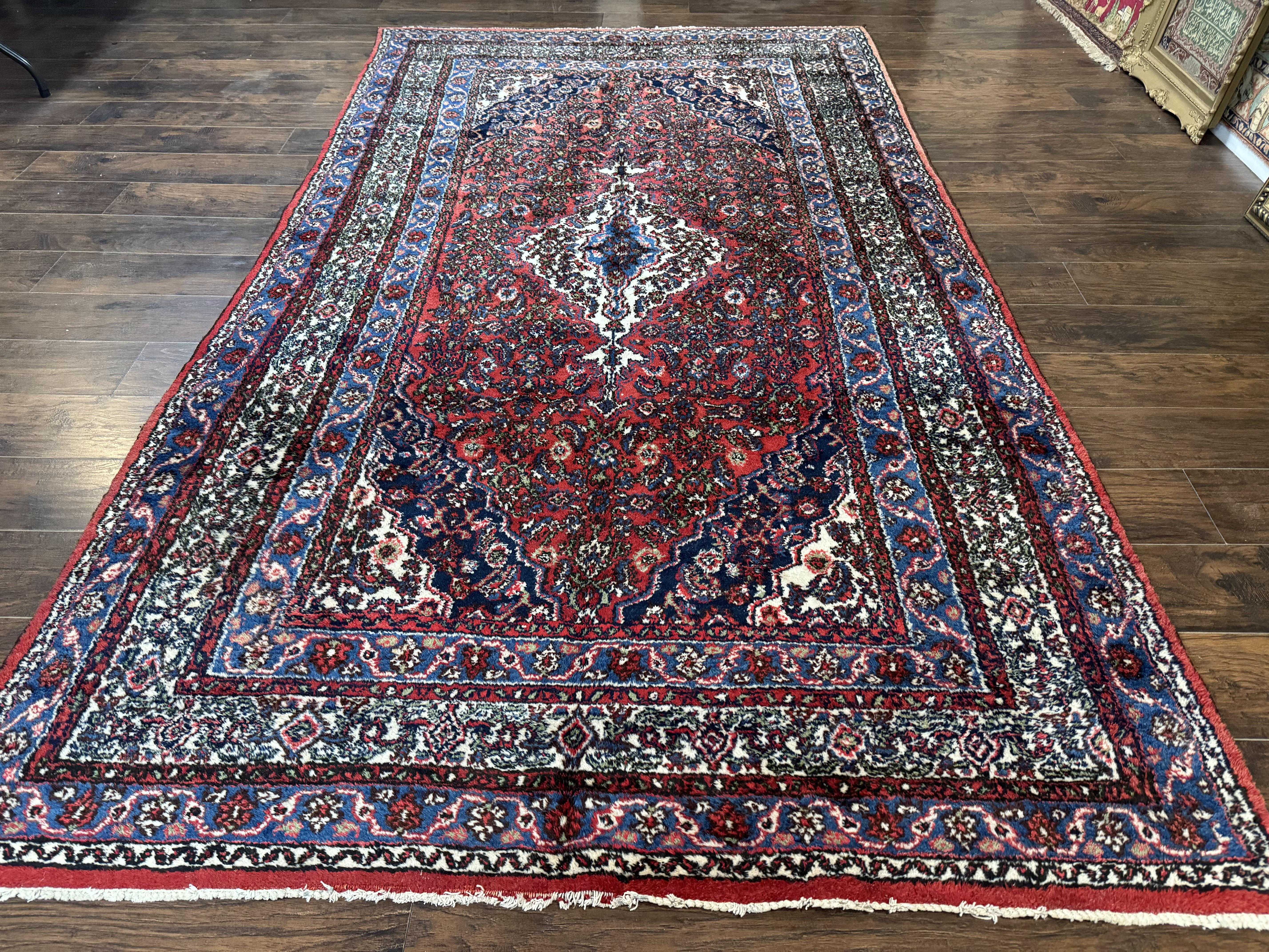 Persian Tribal Rug 6x11, Red Blue Ivory, Antique Persian Carpet, Hamadan Dargazin Carpet - Image 2