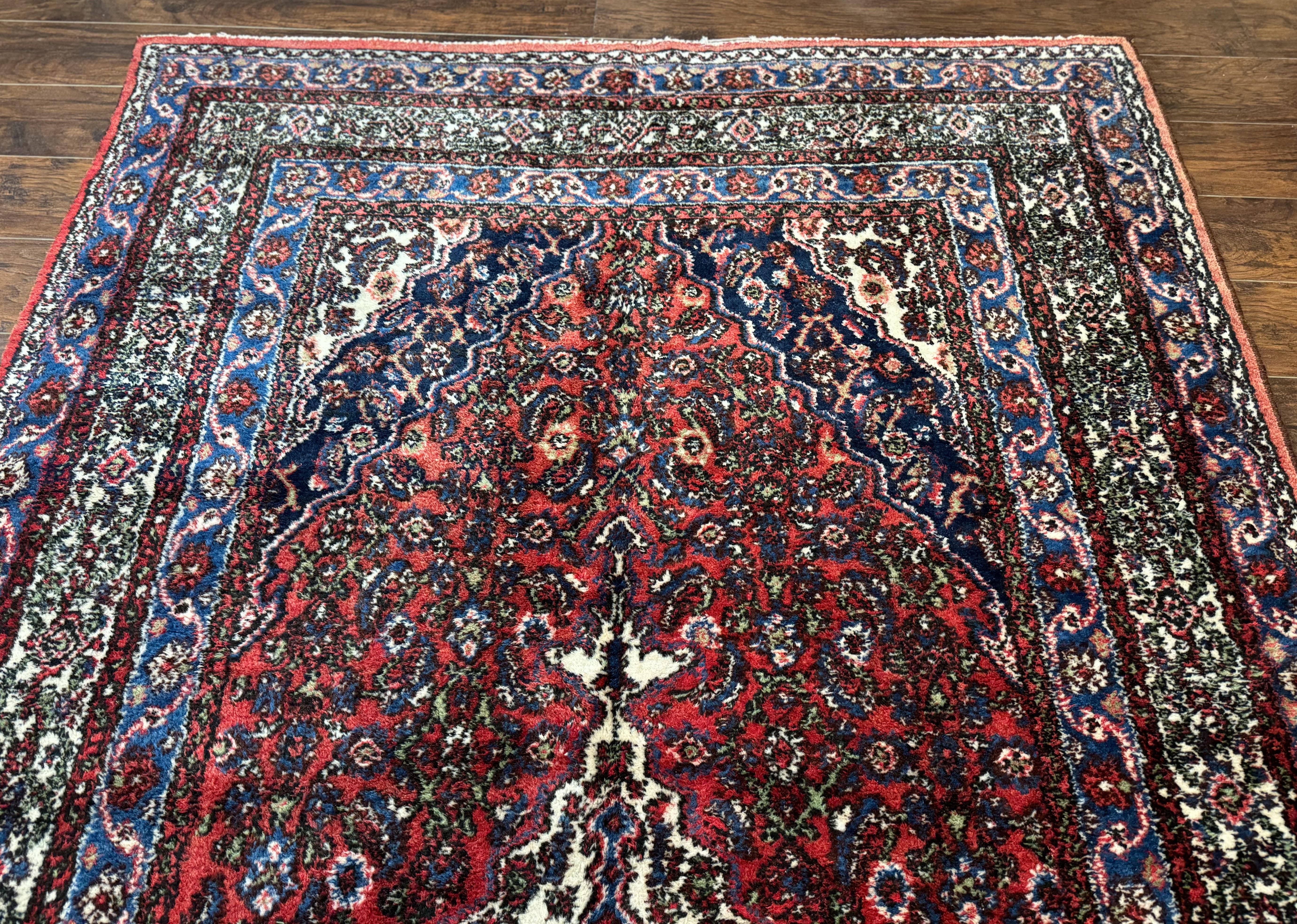 Persian Tribal Rug 6x11, Red Blue Ivory, Antique Persian Carpet, Hamadan Dargazin Carpet - Image 3