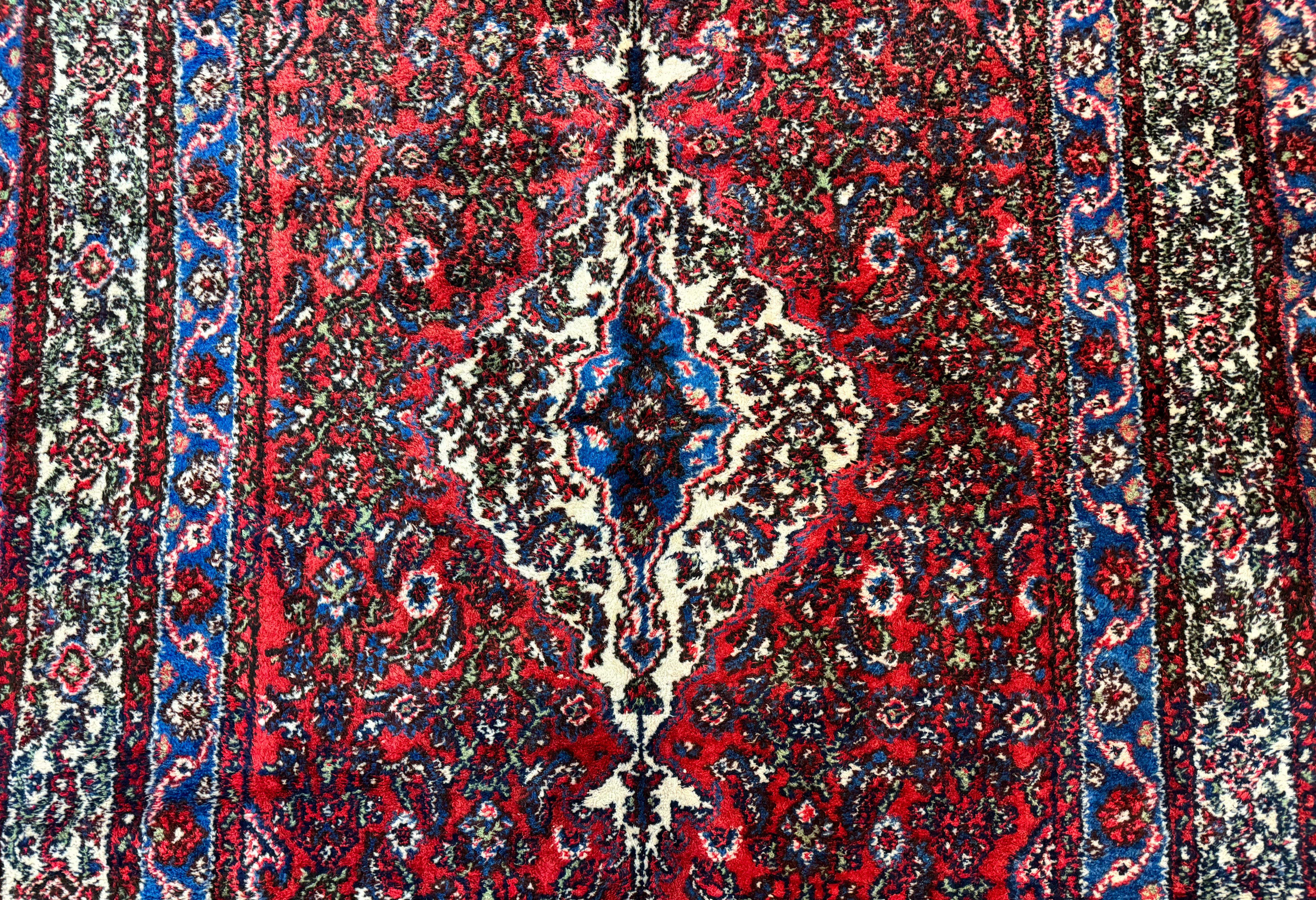 Persian Tribal Rug 6x11, Red Blue Ivory, Antique Persian Carpet, Hamadan Dargazin Carpet - Image 4